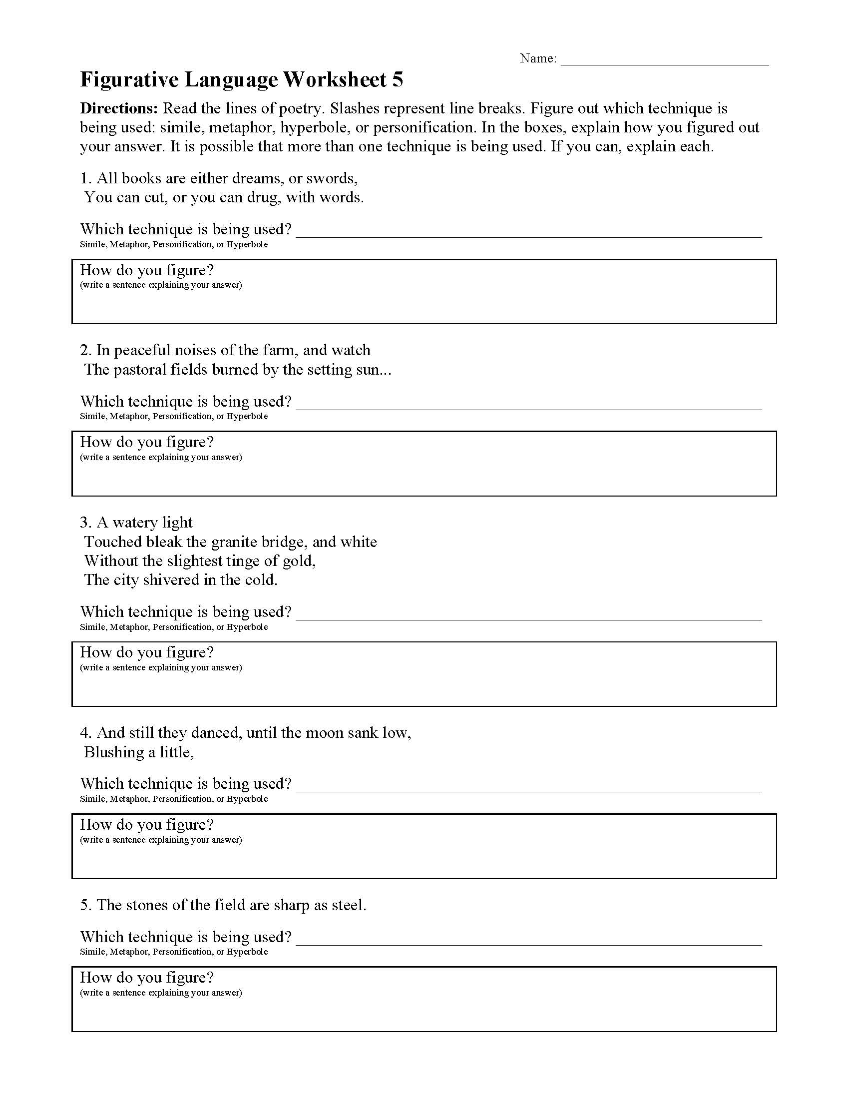 This is a preview image of Figurative Language Worksheet 5. Click on it to enlarge it or view the source file.