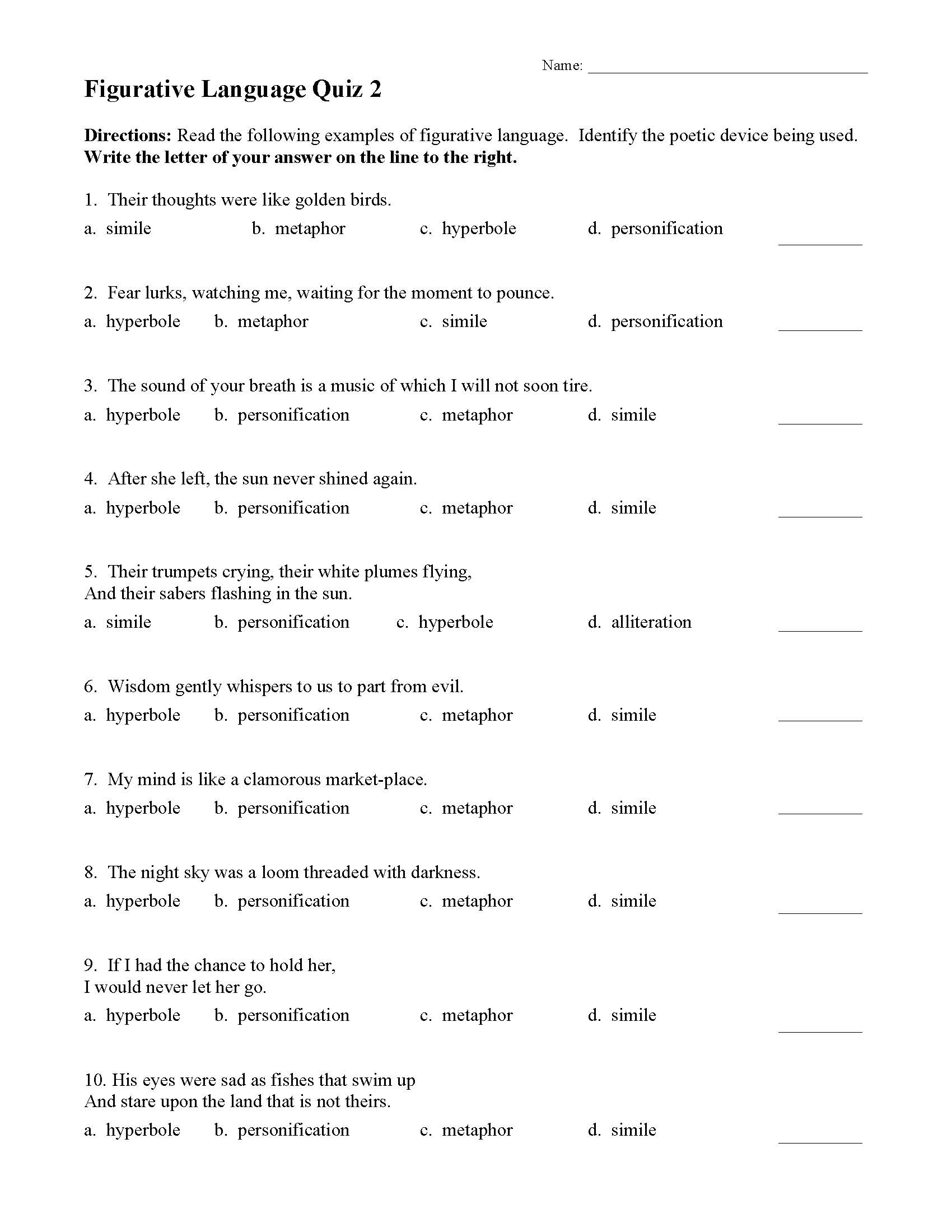  Figurative Language Quiz 2 Preview