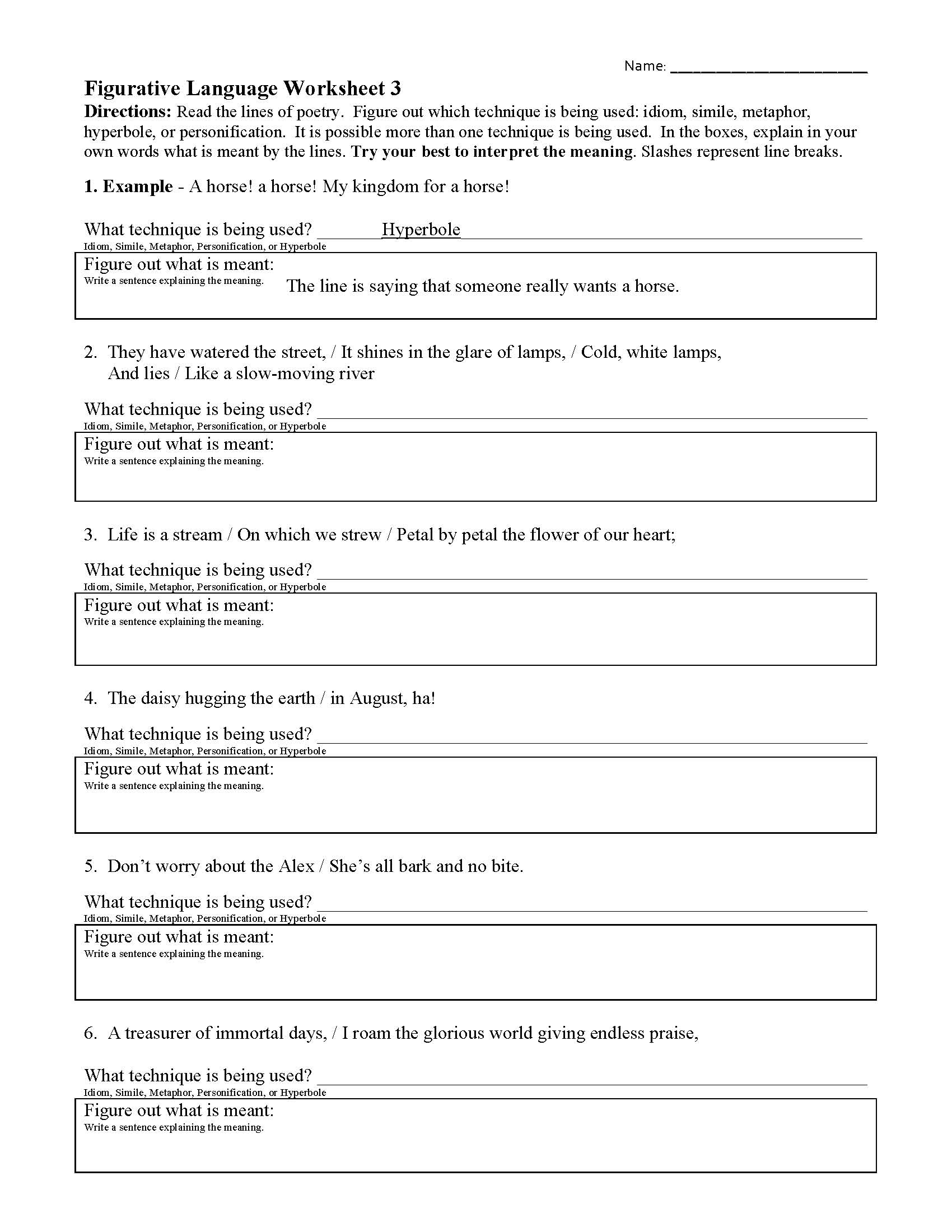 Figurative Language Worksheet 3 Preview