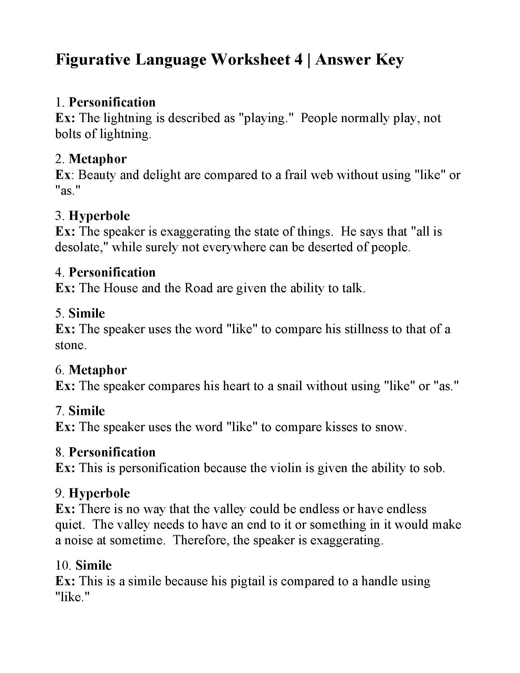 Figurative Language Worksheet 4 | Reading Activity