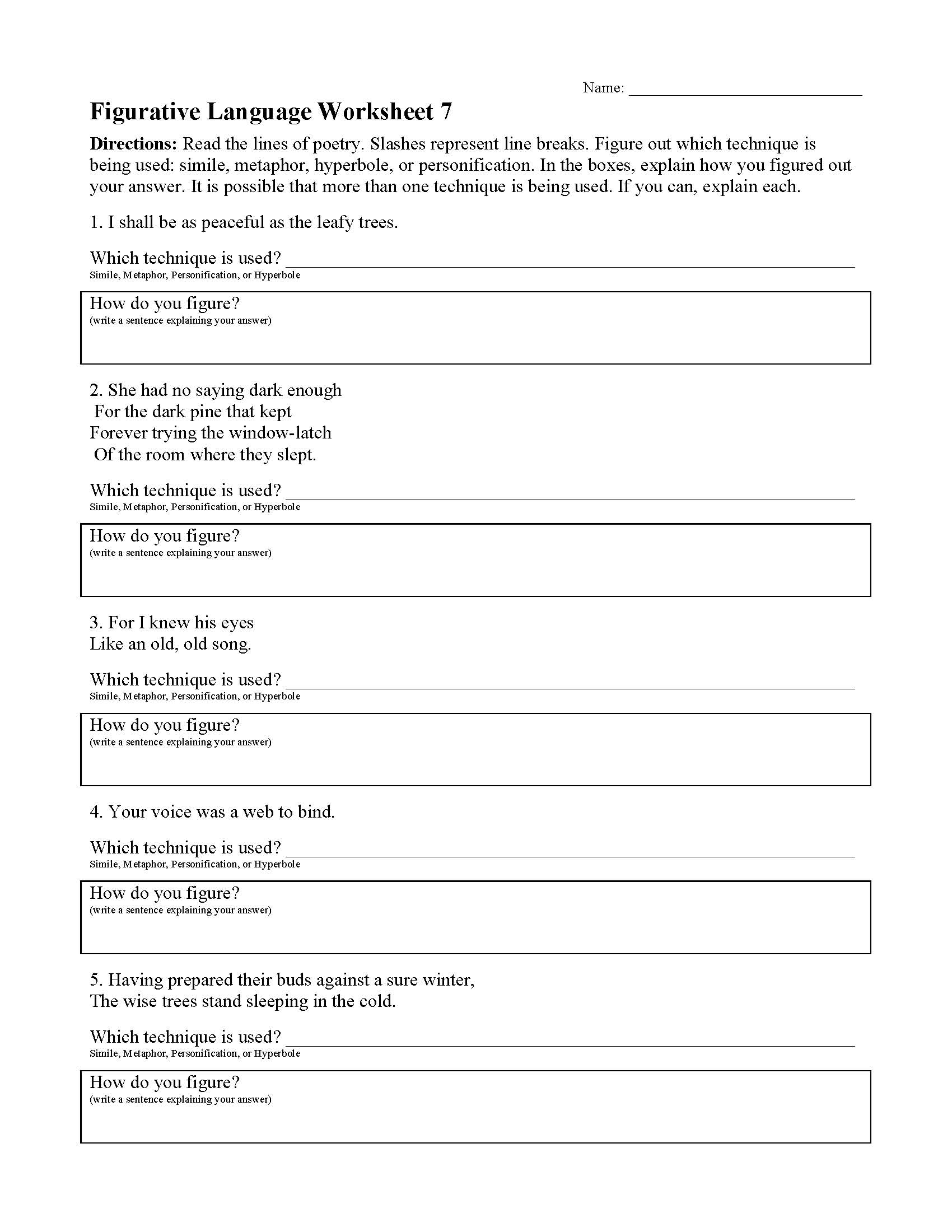 This is a preview image of Figurative Language Worksheet 7. Click on it to enlarge it or view the source file.