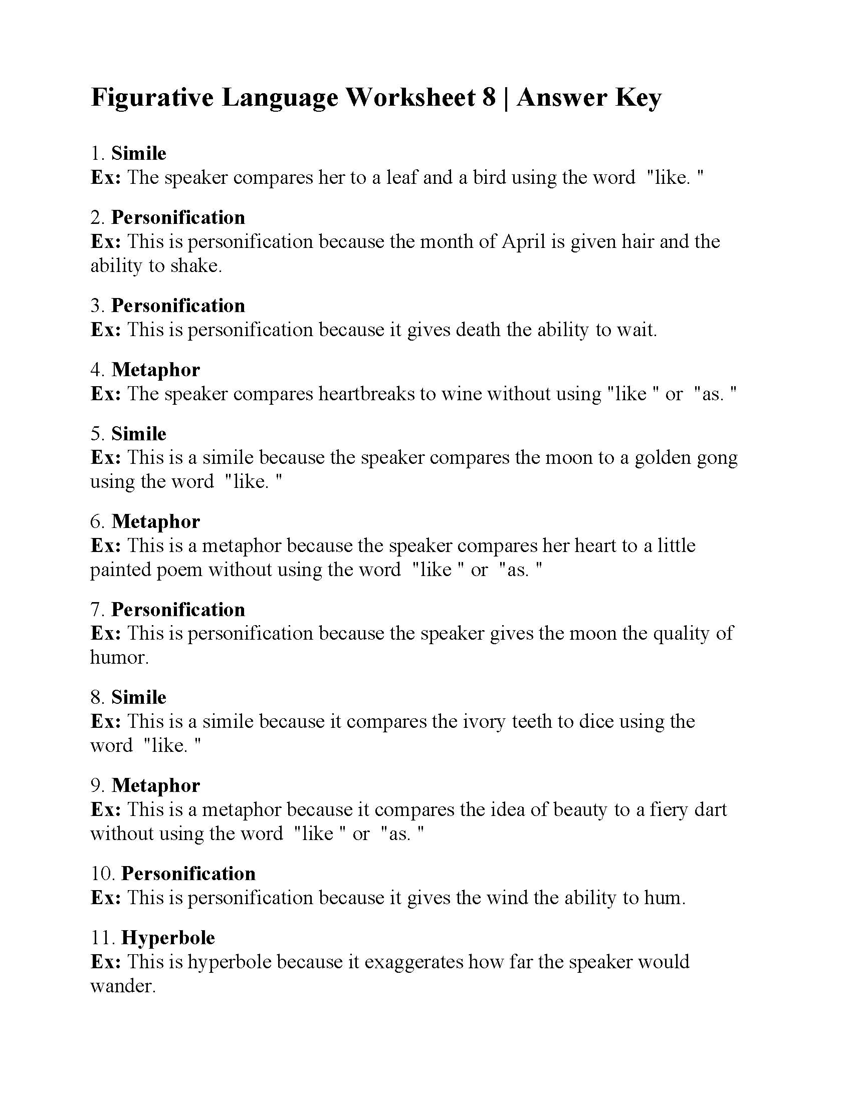 Figurative Language Review Worksheet