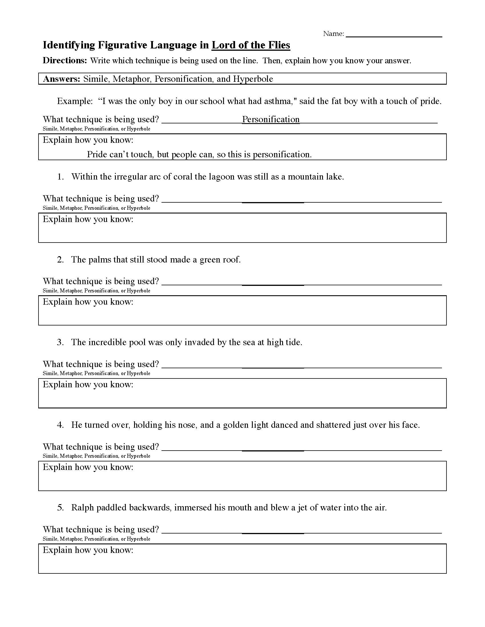 quot Lord of the Flies quot Figurative Language Worksheet Reading Activity