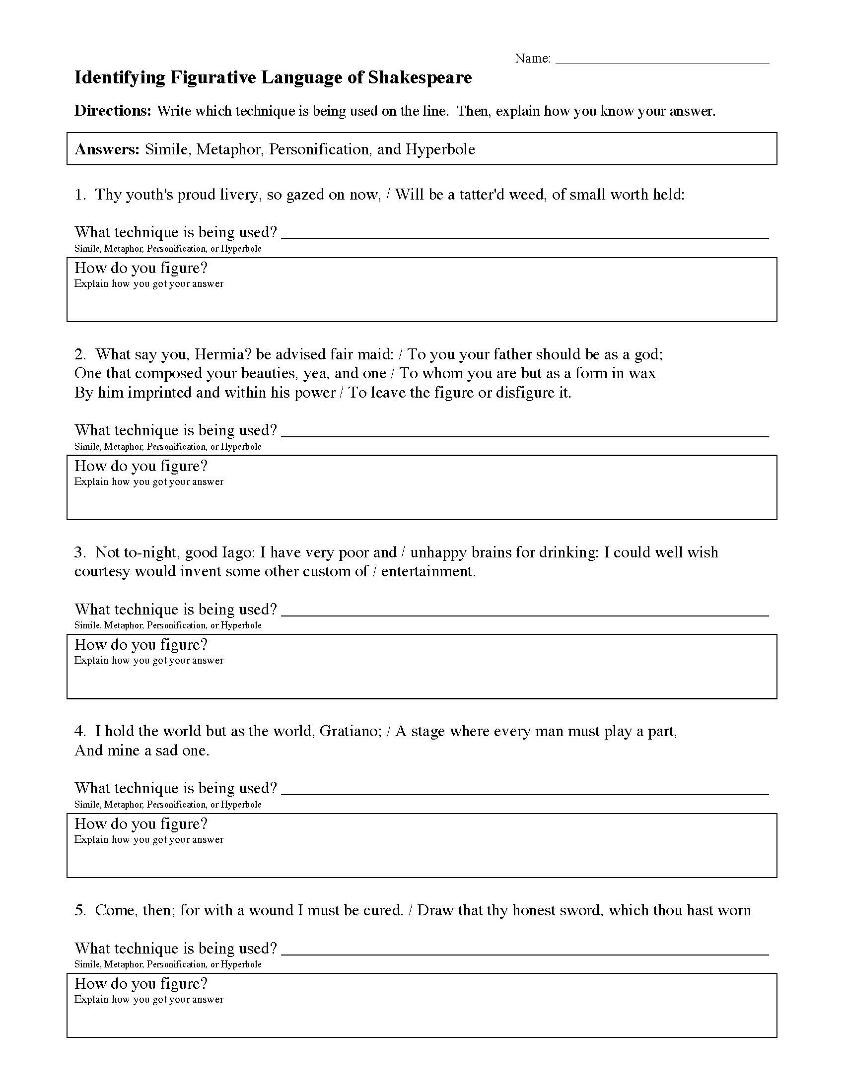 Figurative Language Worksheet 2 Answer Key