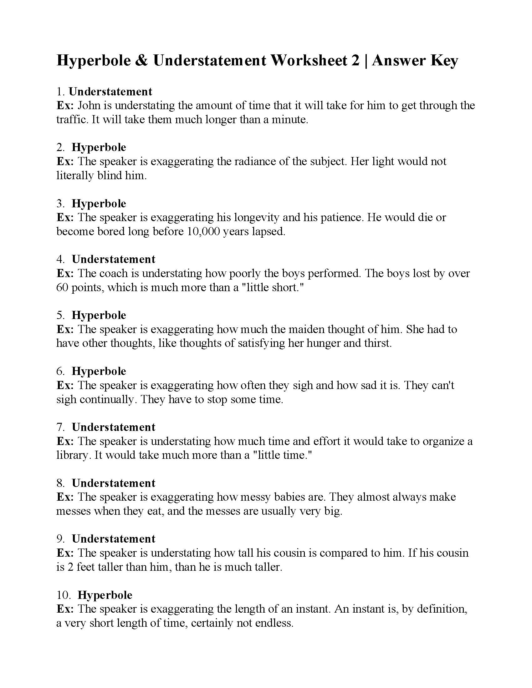 Hyperbole And Understatement Worksheet 2 Answers