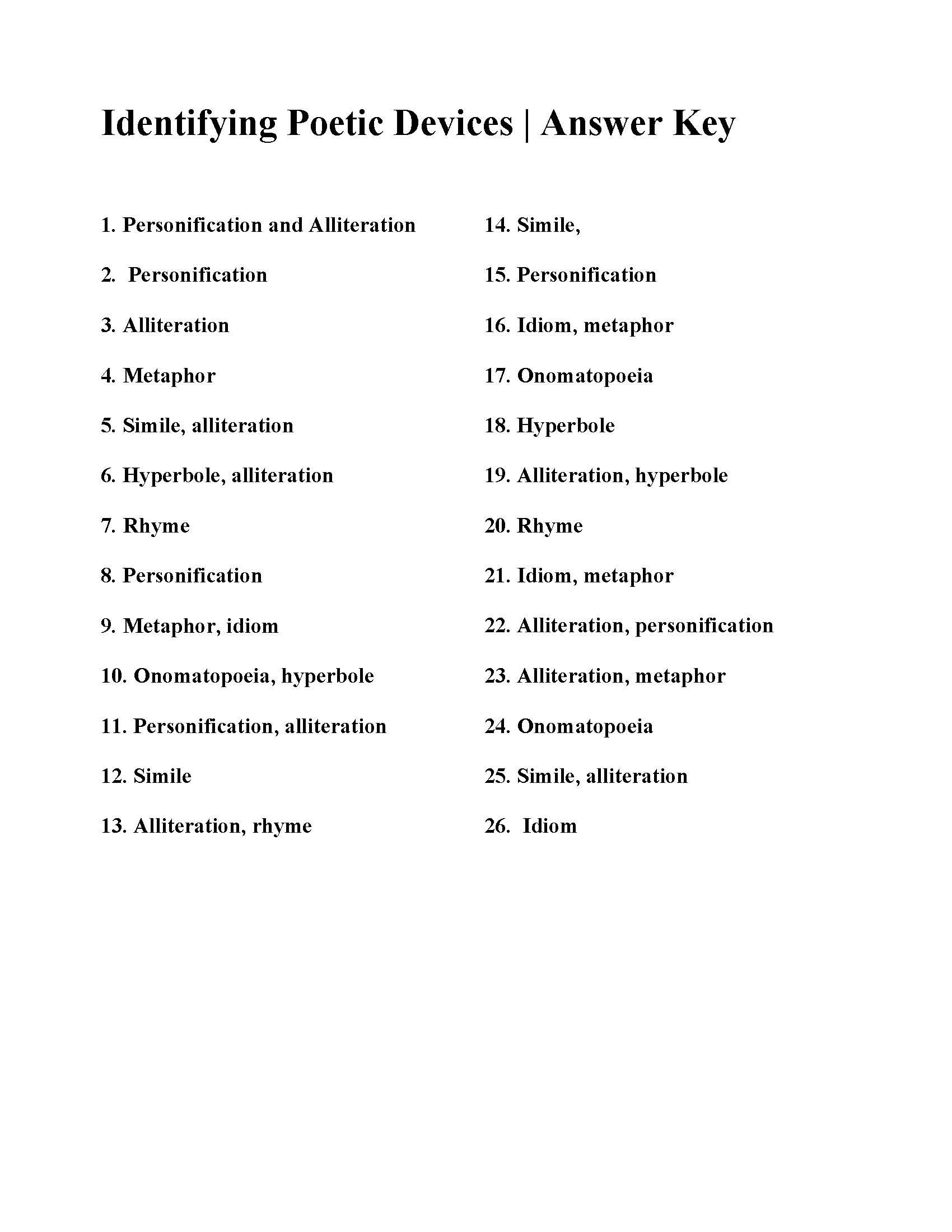 Poetic Devices Worksheet 2 Answer Key