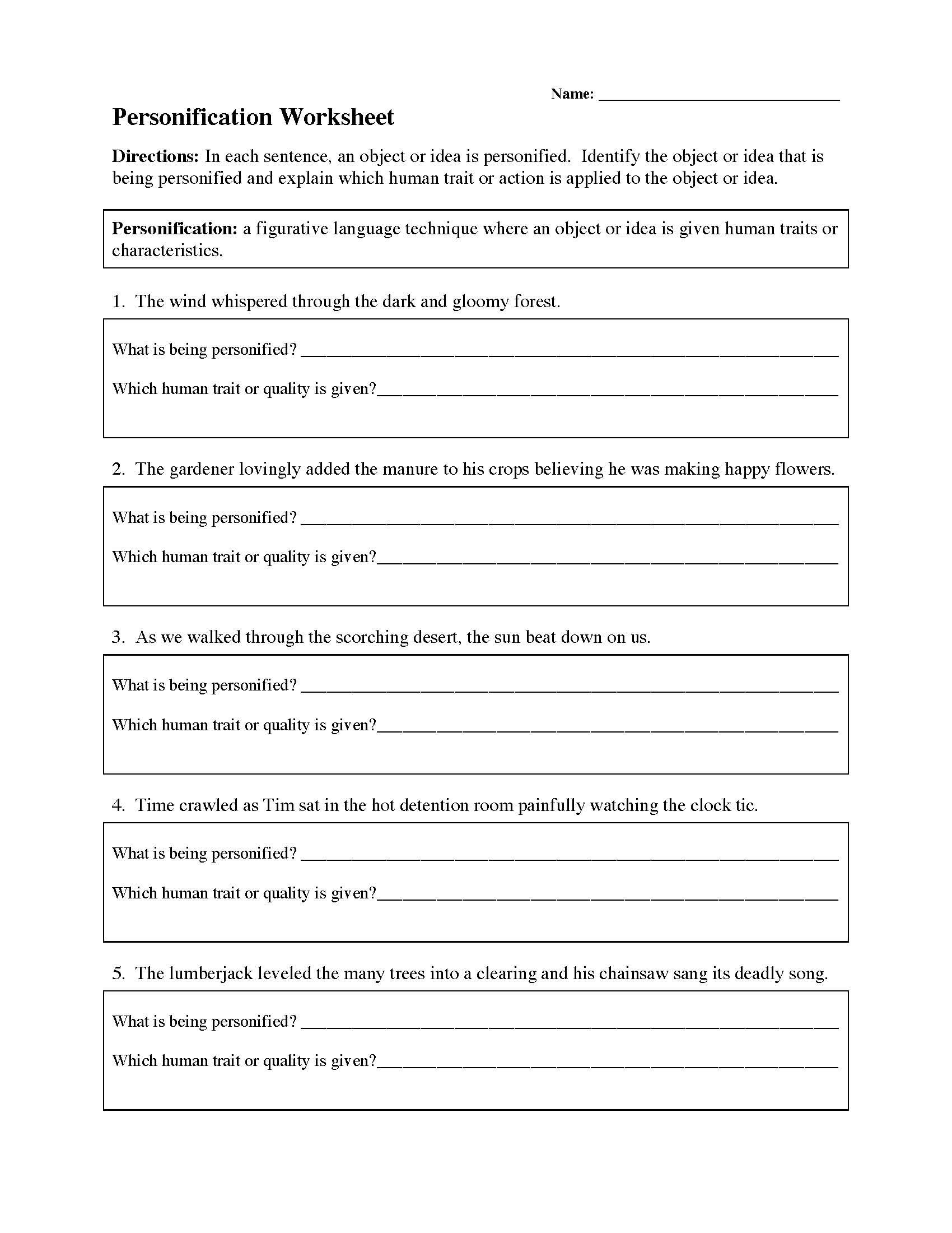 personification worksheets figurative language activities