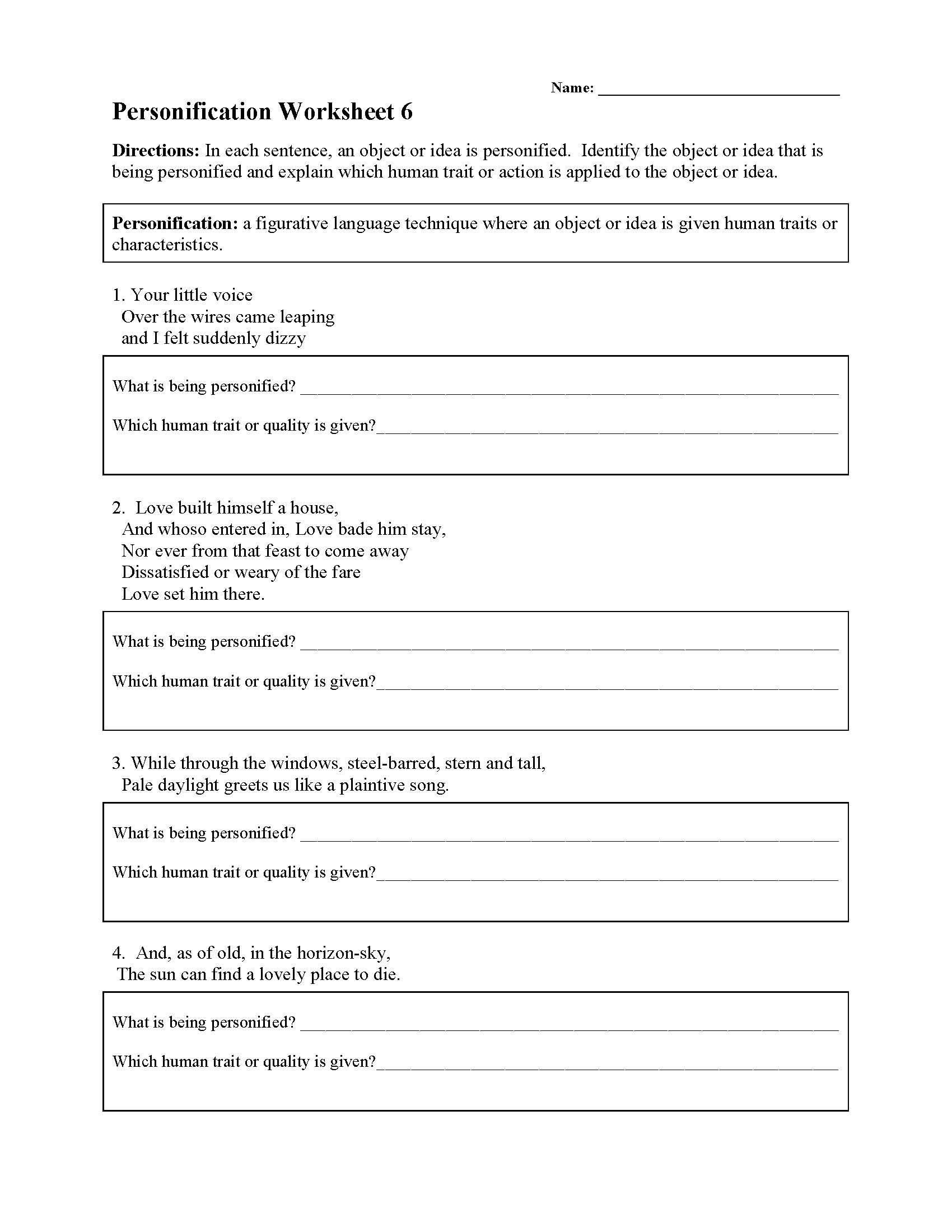 Personification Worksheet 6 | Preview