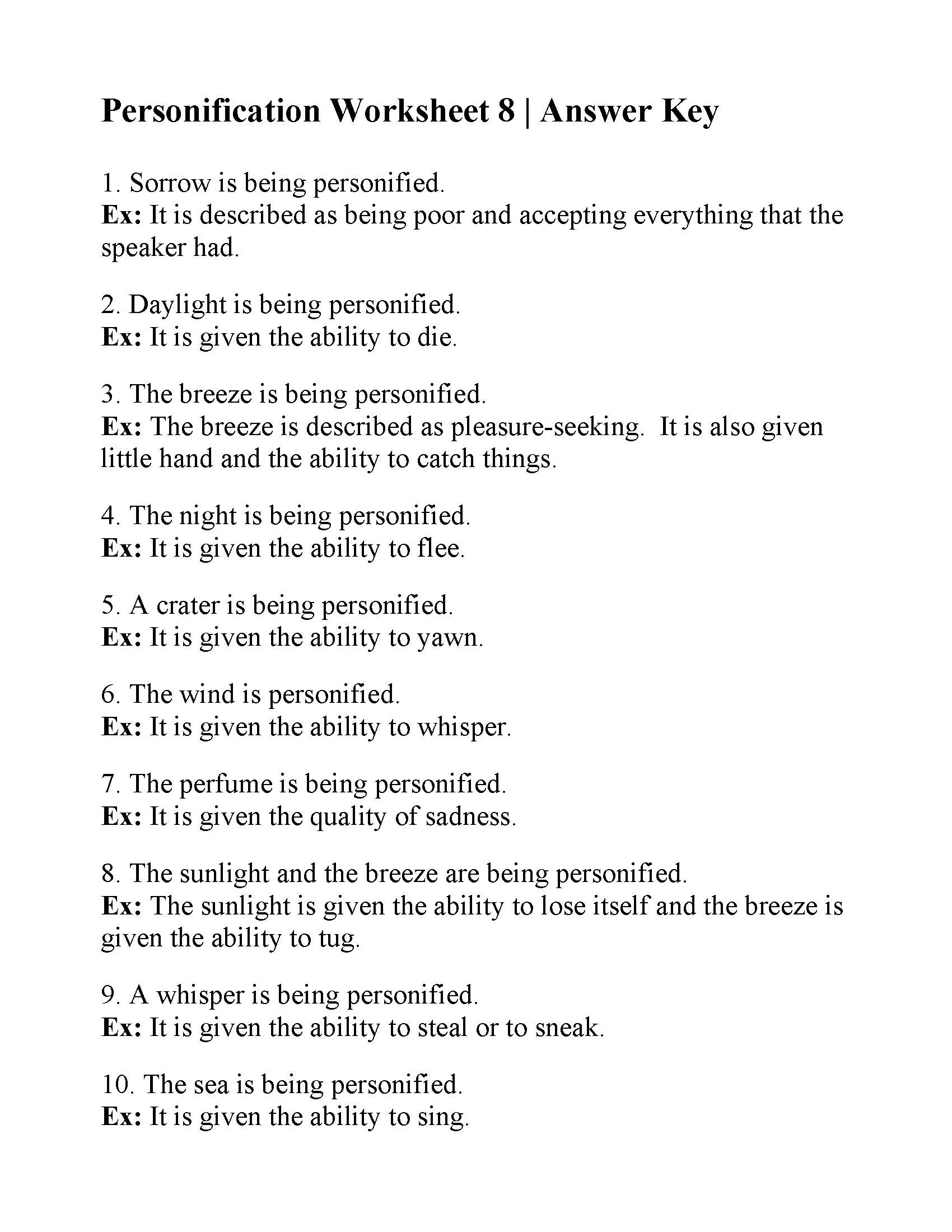 Personification Worksheet 8 Answers