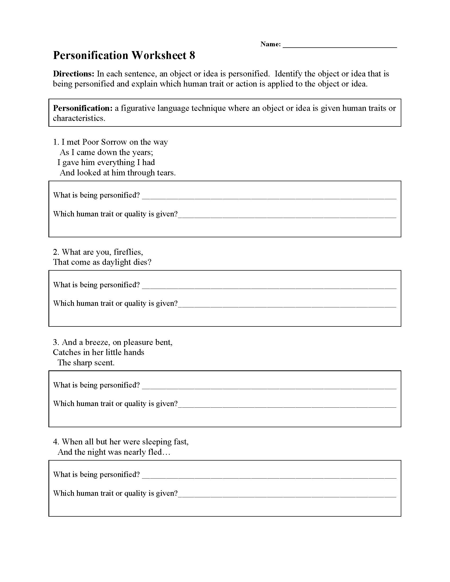 personification worksheets figurative language activities