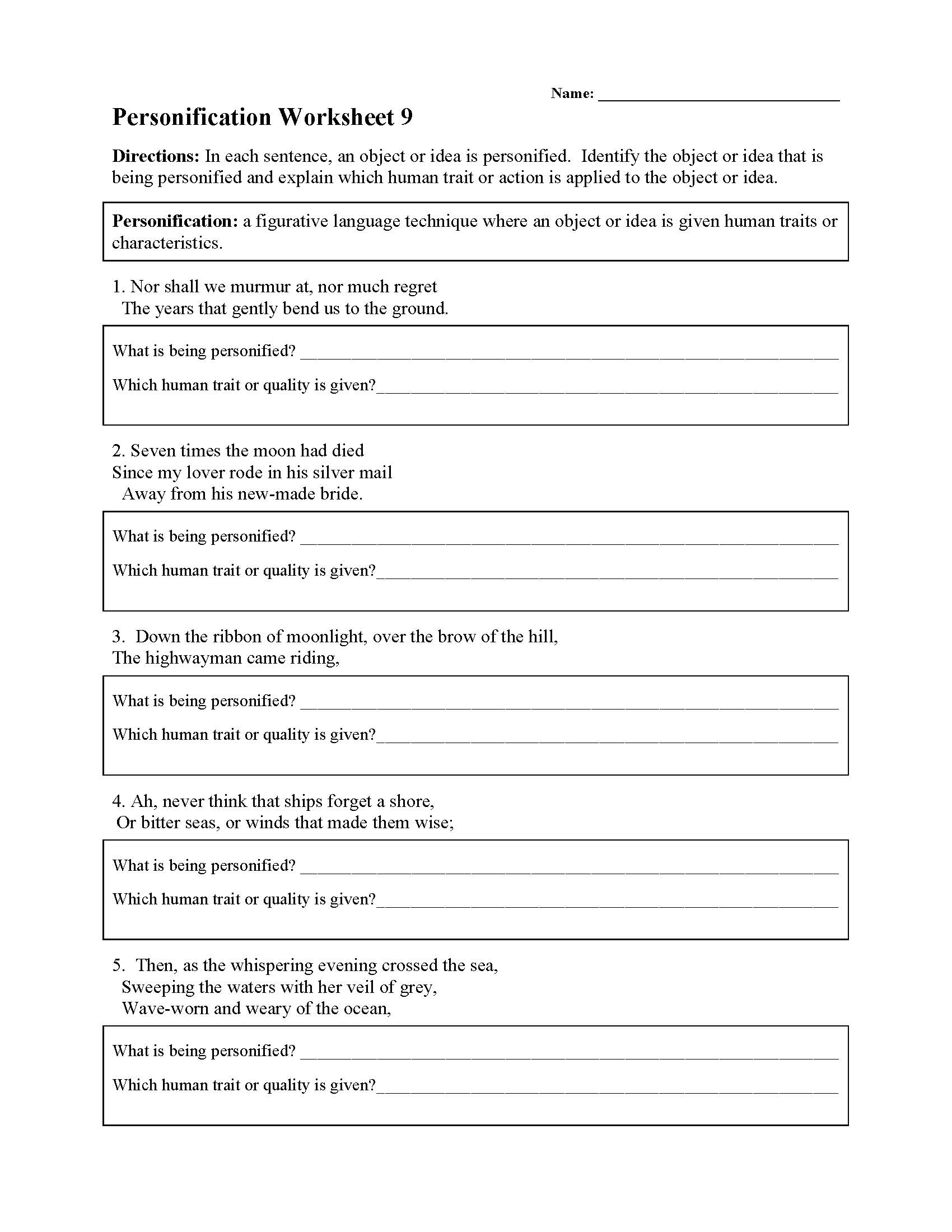 Personification Worksheet 9 | Figurative Language Activity