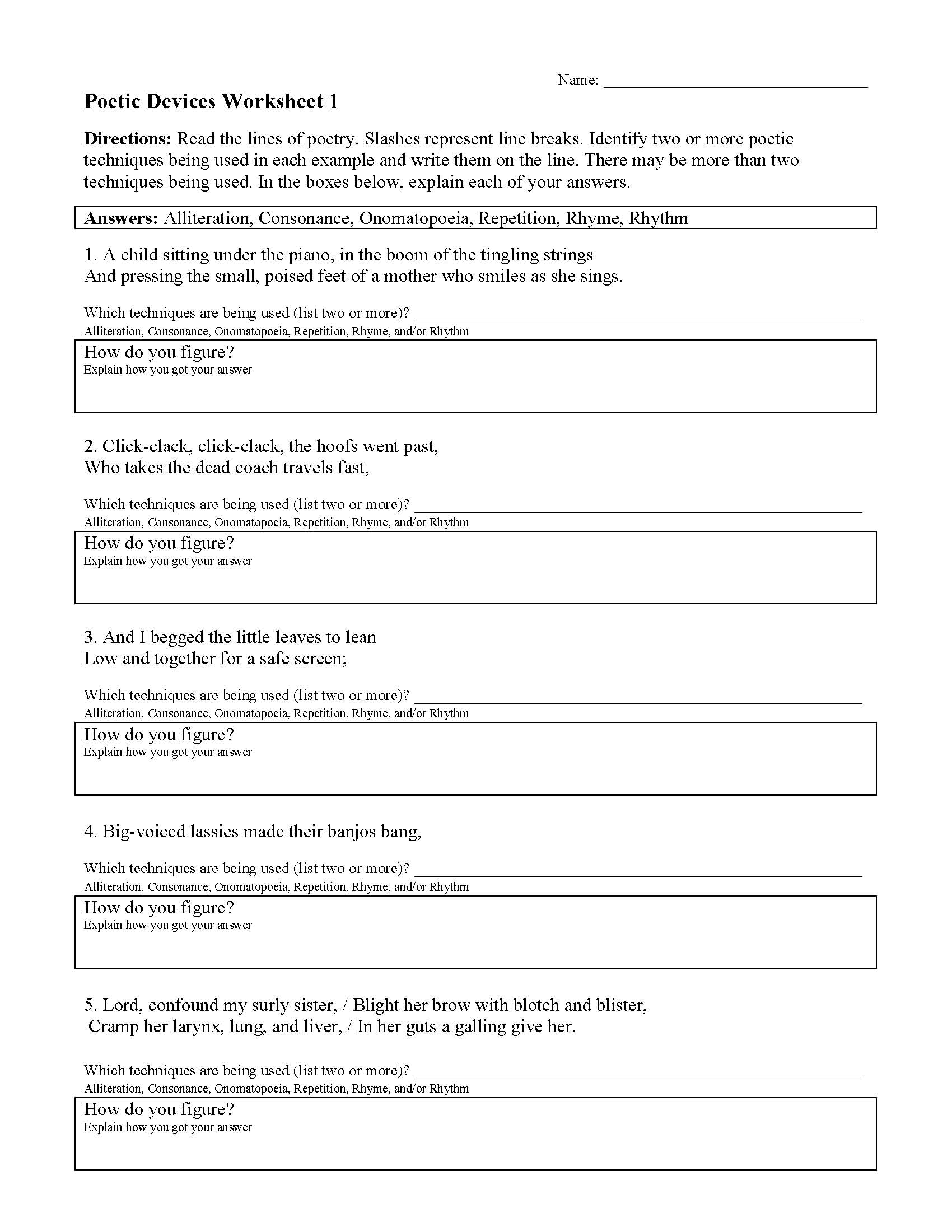 Poetic Devices Worksheet 22  Reading Activity Within Literary Devices Worksheet Pdf