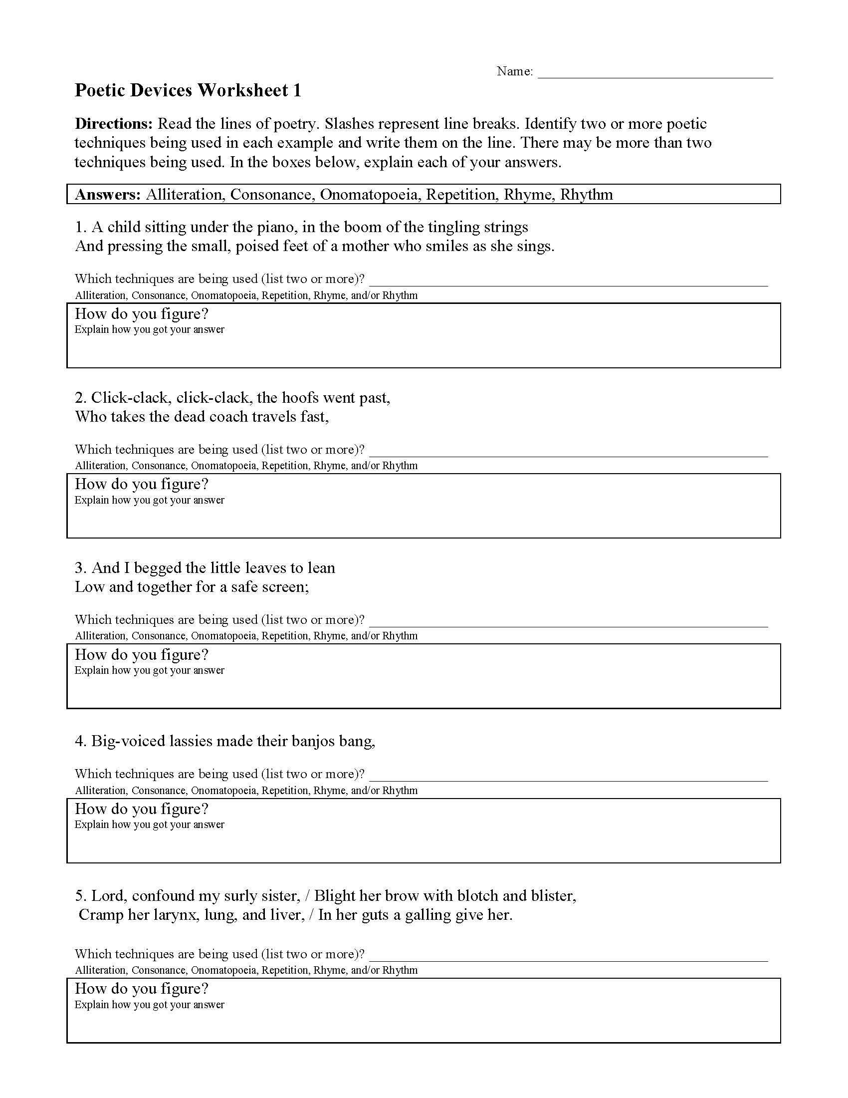 Poetic Devices Worksheet 1 Preview