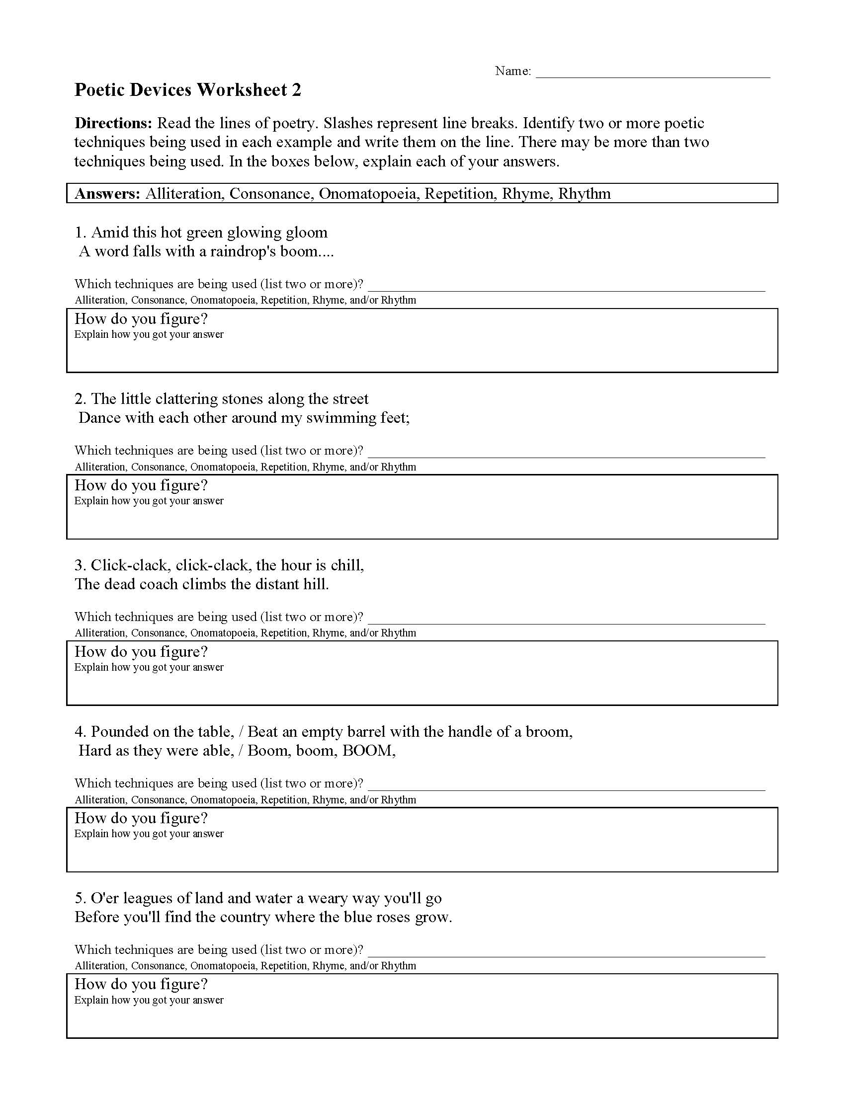 POETIC DEVICES - Definitions & Examples  Ereading Worksheets Intended For Sound Devices In Poetry Worksheet