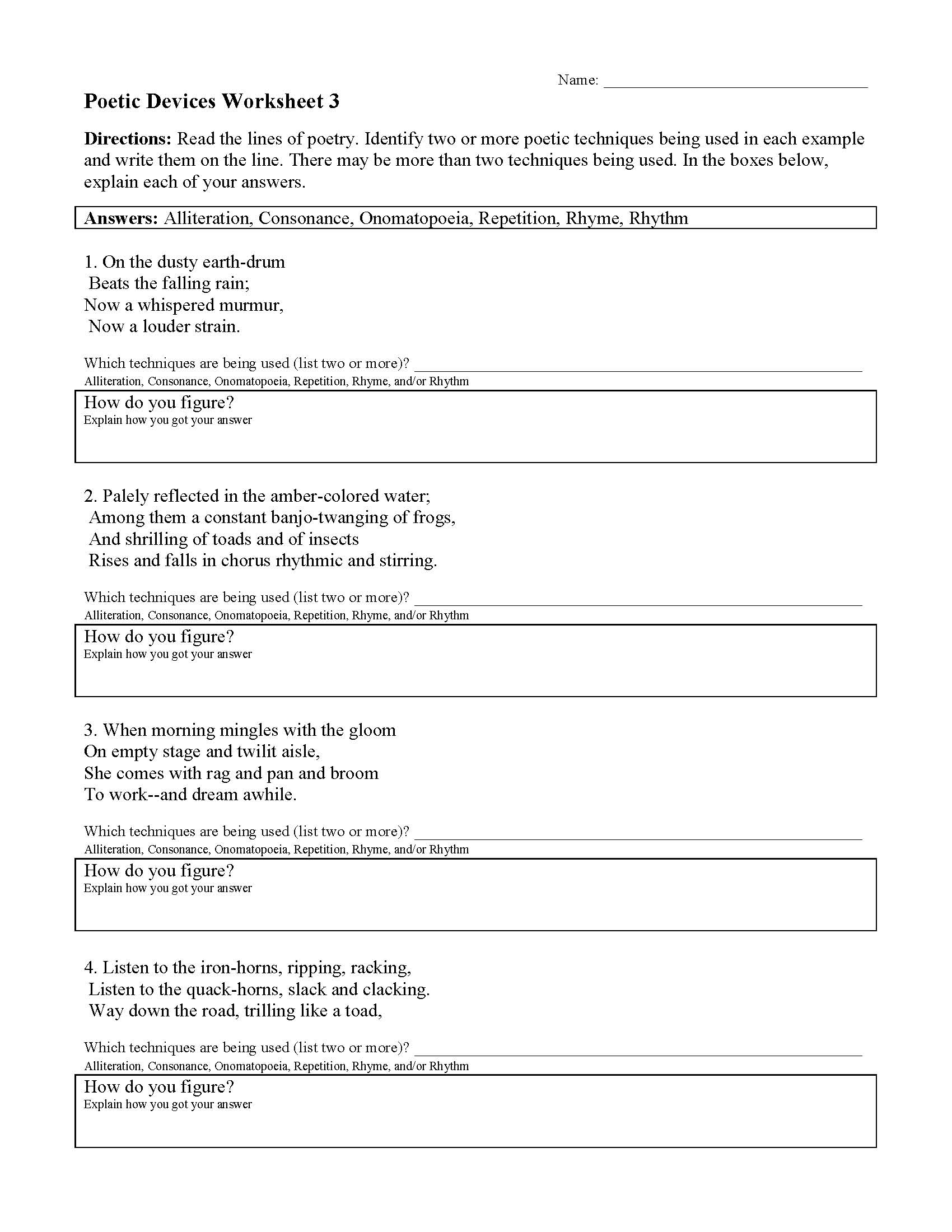 Poetic Devices Worksheets & Activities  Ereading Worksheets With Regard To Sound Devices In Poetry Worksheet