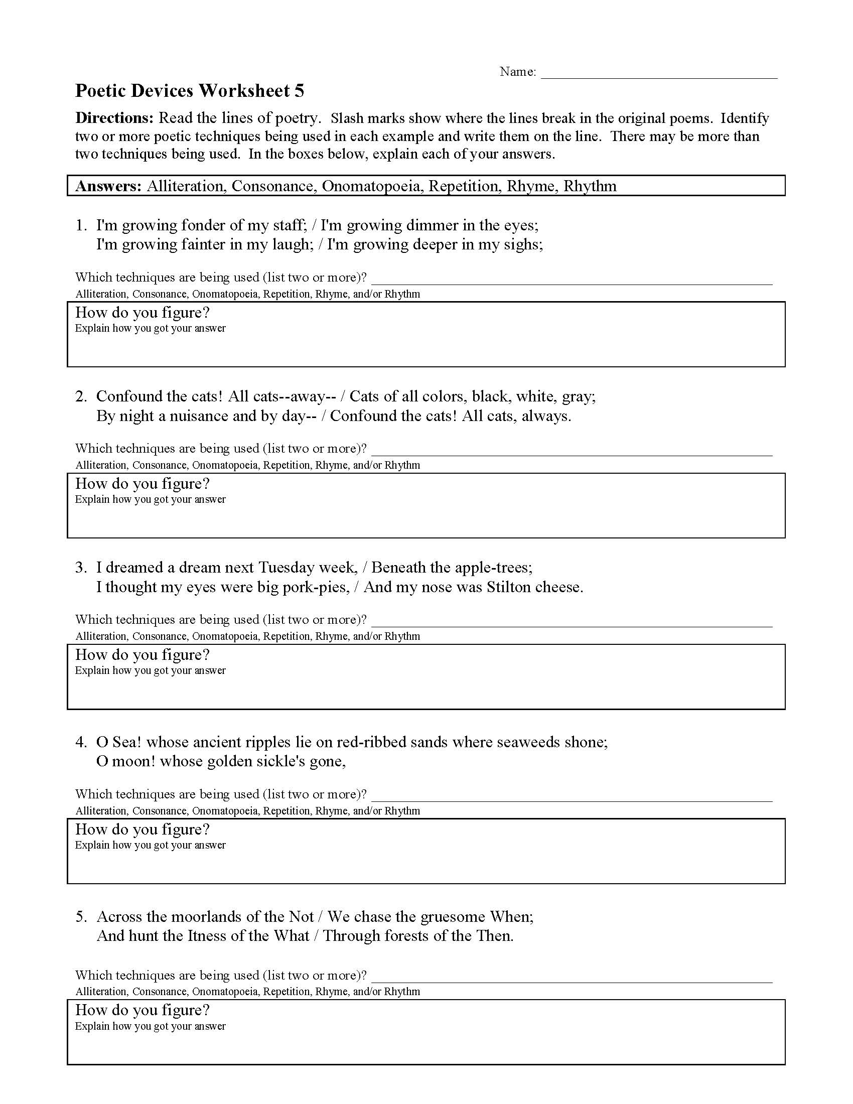 Poetic Devices Worksheet 25  Reading Activity Within Sound Devices In Poetry Worksheet
