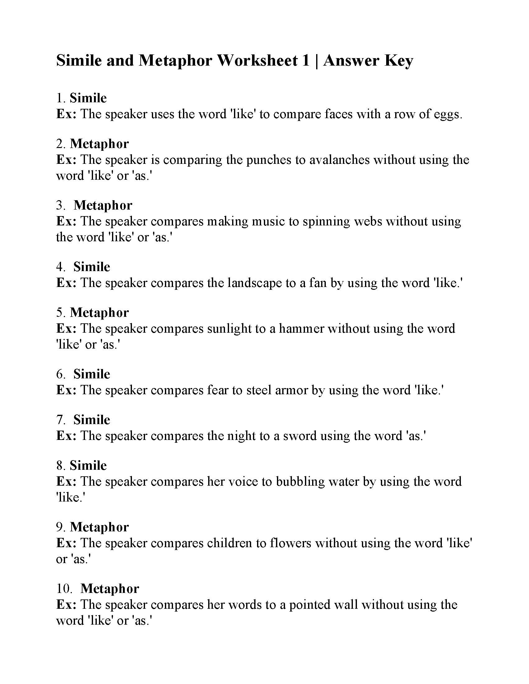Simile and Metaphor Worksheet 1 Answers