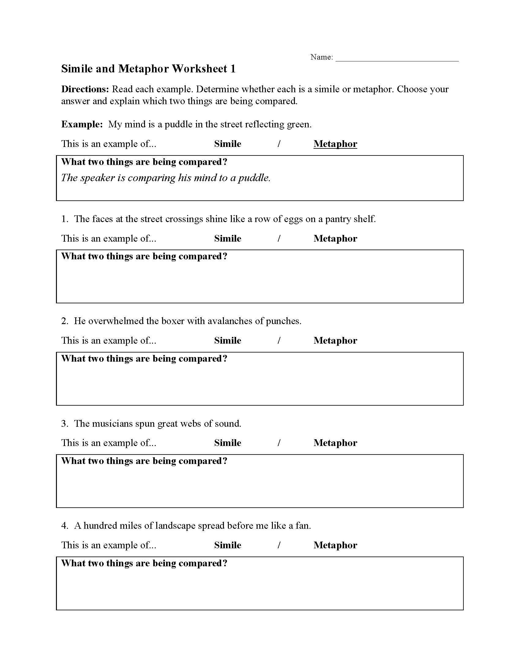 Simile And Metaphor Worksheet 1 Figurative Language Activity