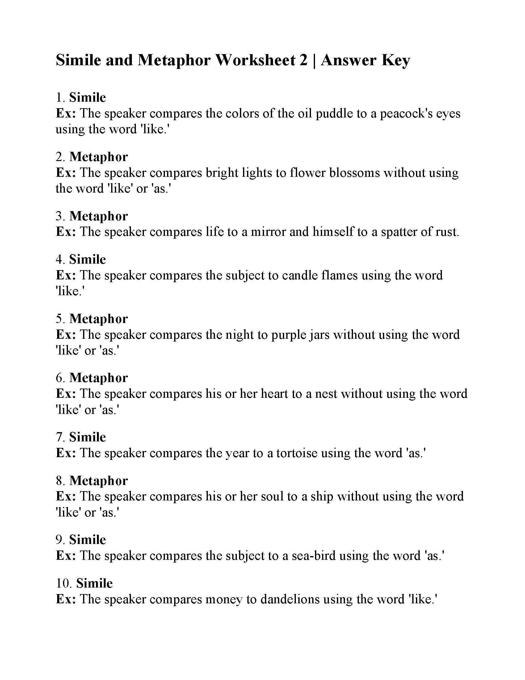 Simile And Metaphor Worksheet 2 Answers