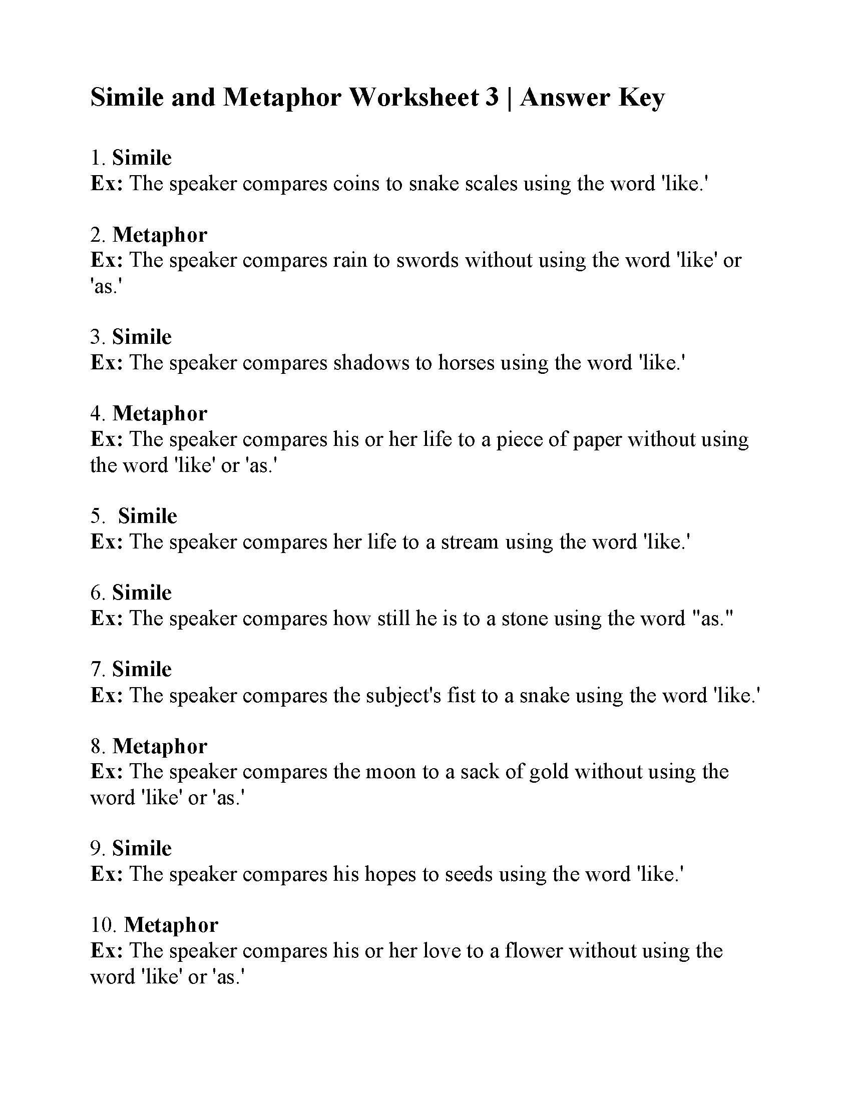 Simile And Metaphor Worksheet 3 Figurative Language Activity