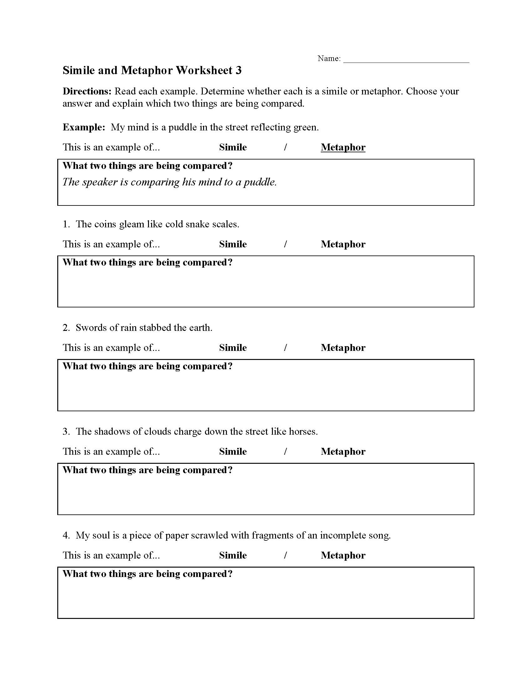 Simile And Metaphor Worksheet 3 Figurative Language Activity