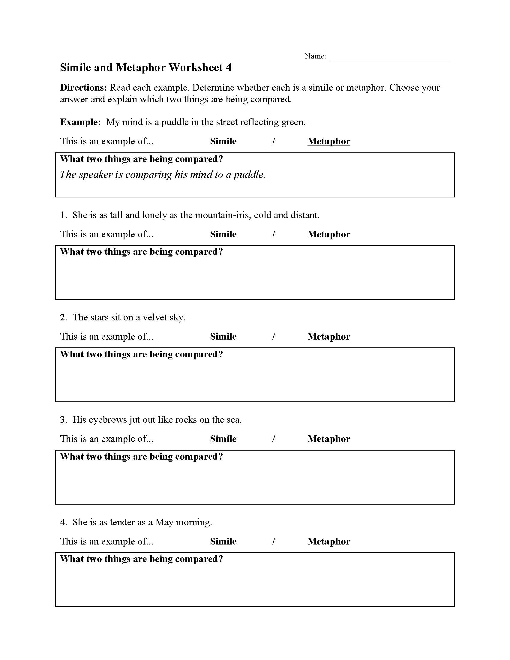 Simile And Metaphor Worksheet Answers