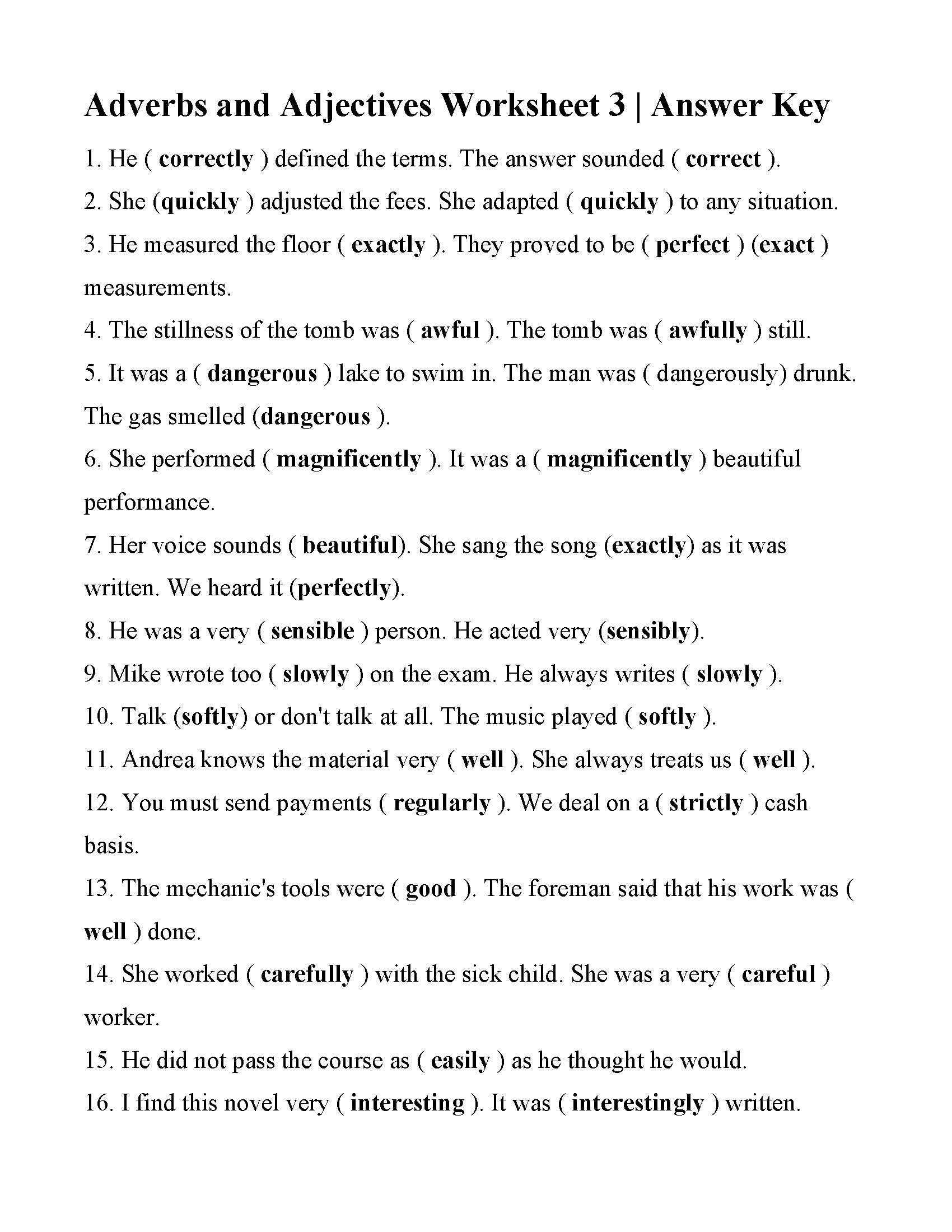 Adverbs And Adjectives Worksheet Answers Adjectives Worksheet Answer Key Middle School High 