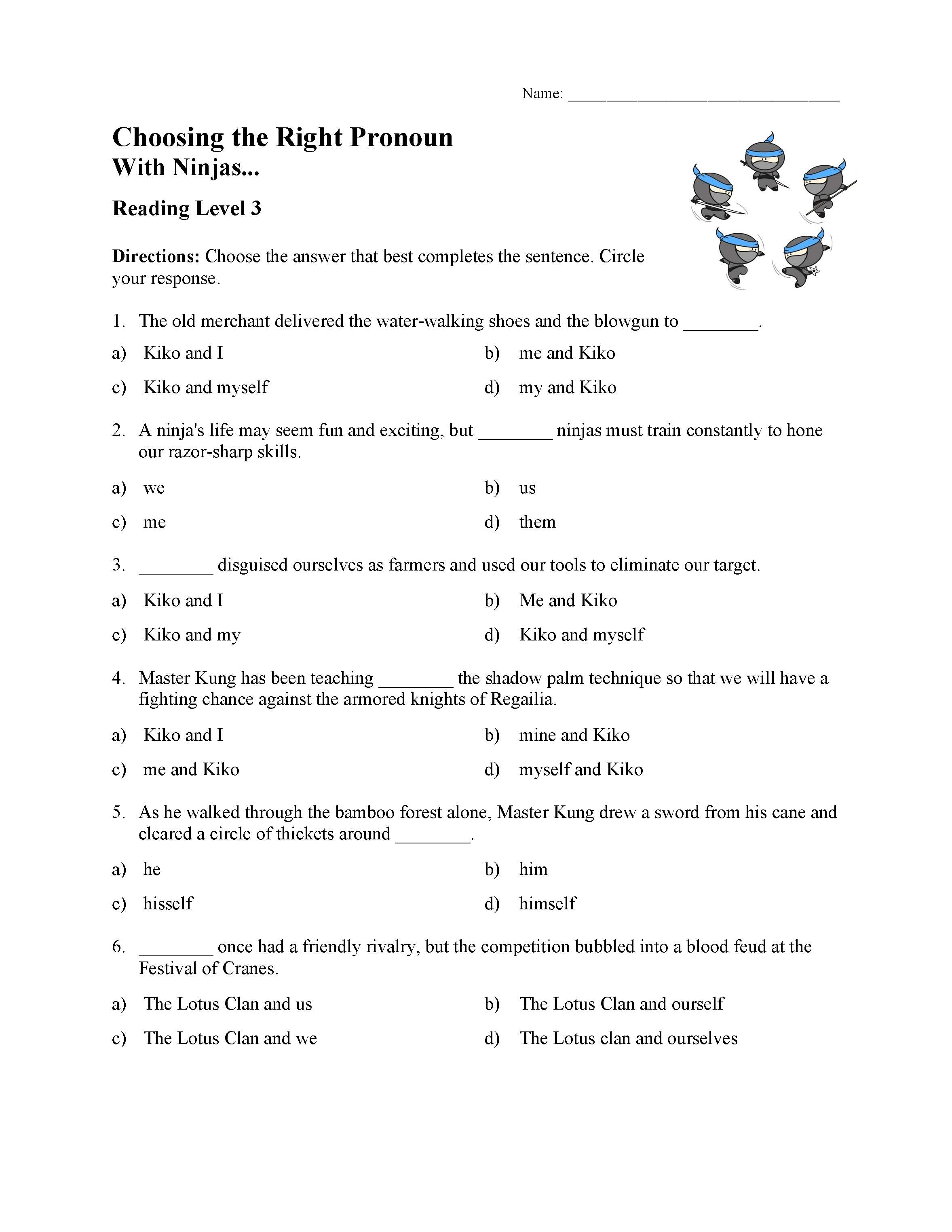 Choosing The Correct Pronoun Test With Ninjas Reading Level 3 Preview