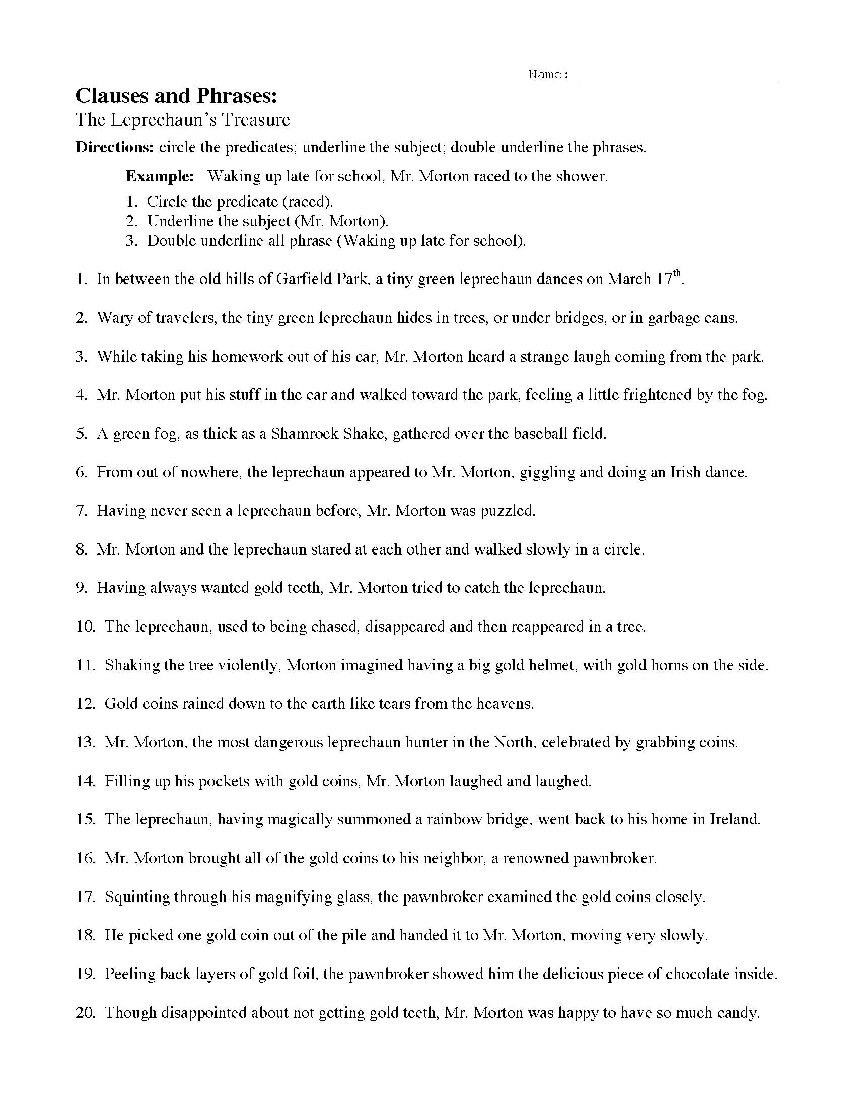 Phrases And Clauses Worksheet With Answers Class 7