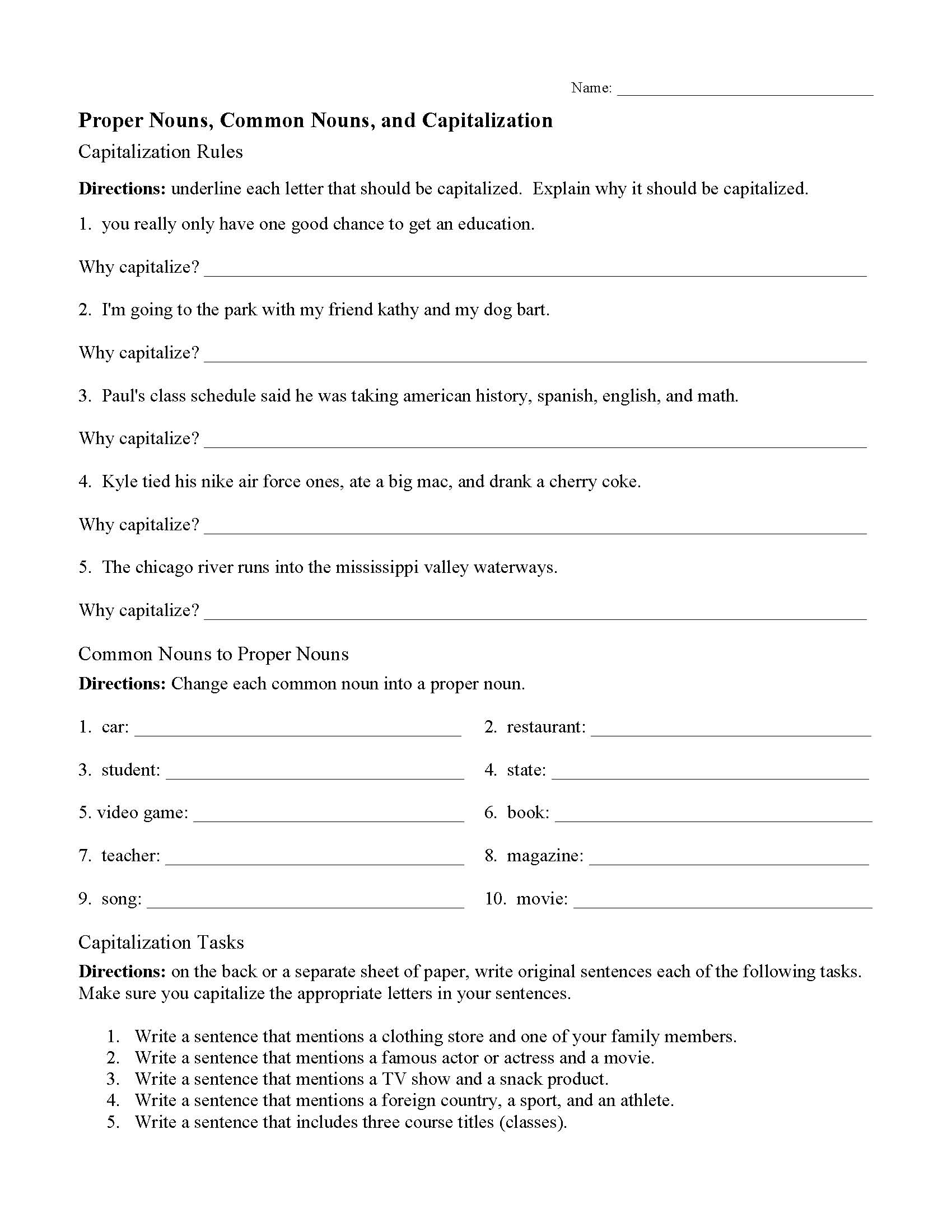 common and proper nouns and capitalization worksheet grammar activity