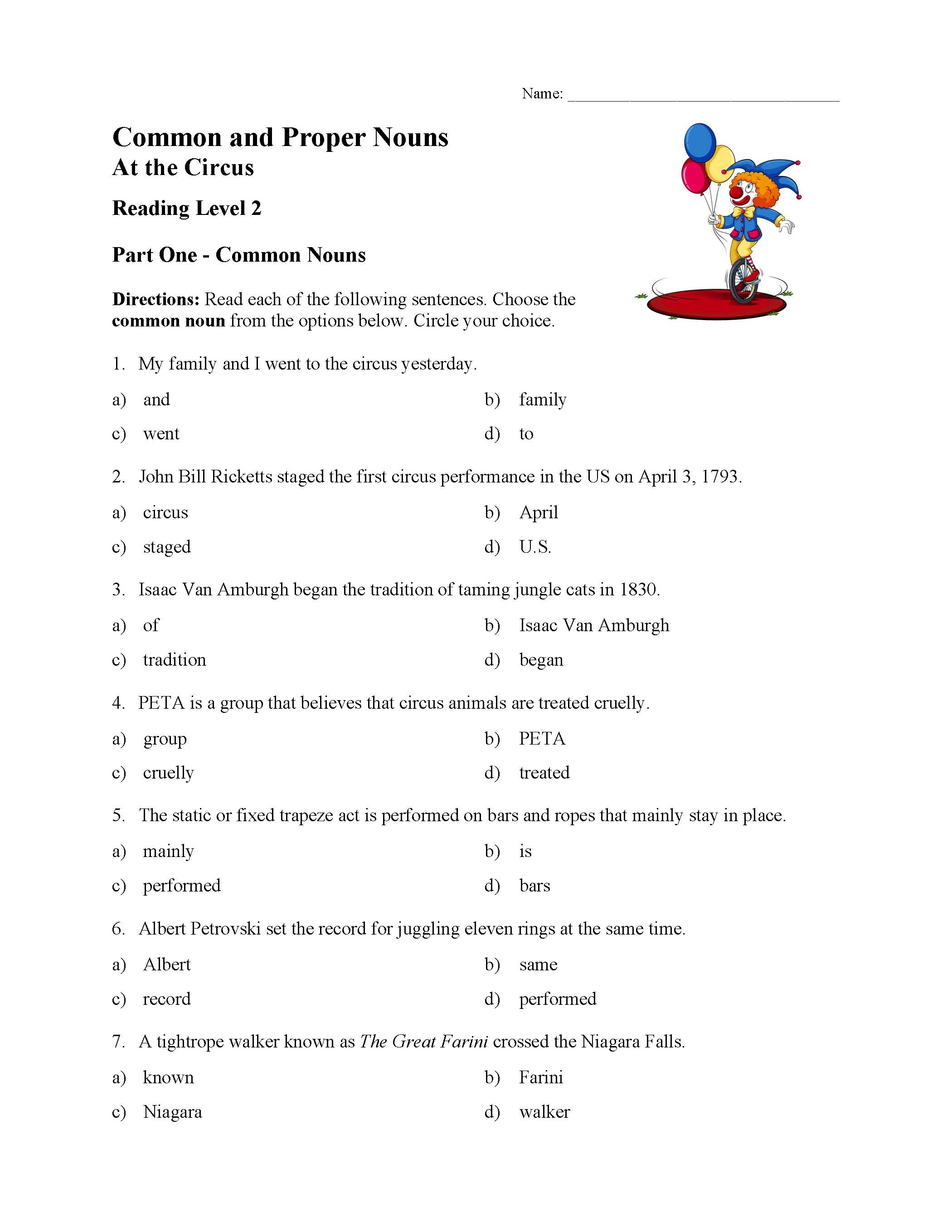 Common And Proper Nouns Test 2 Reading Level 2 Preview