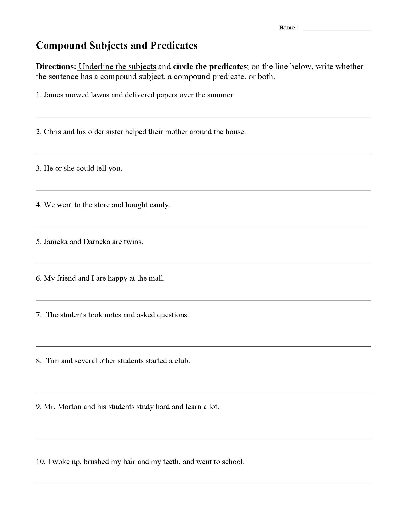 Compound Subject And Verb Worksheet