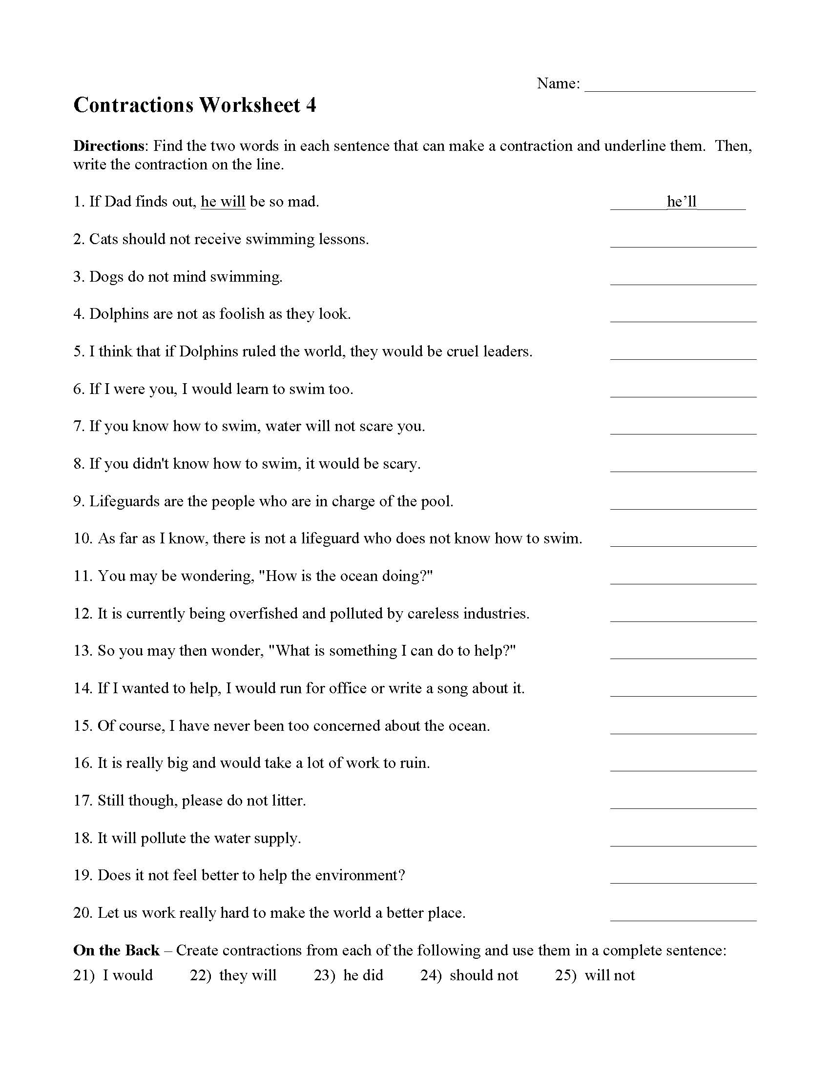 Sentences With Contractions Worksheet