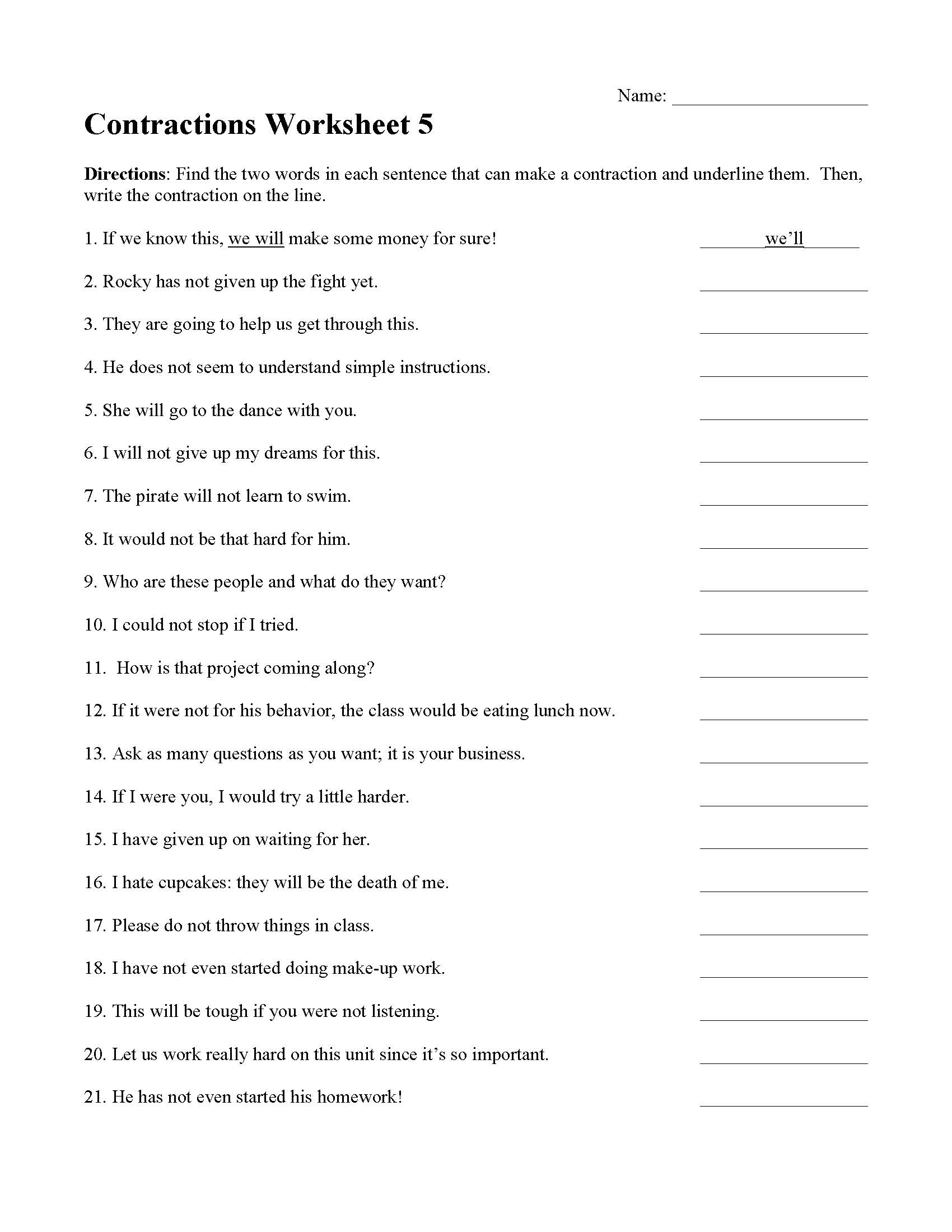 Contractions Worksheet 5 Preview