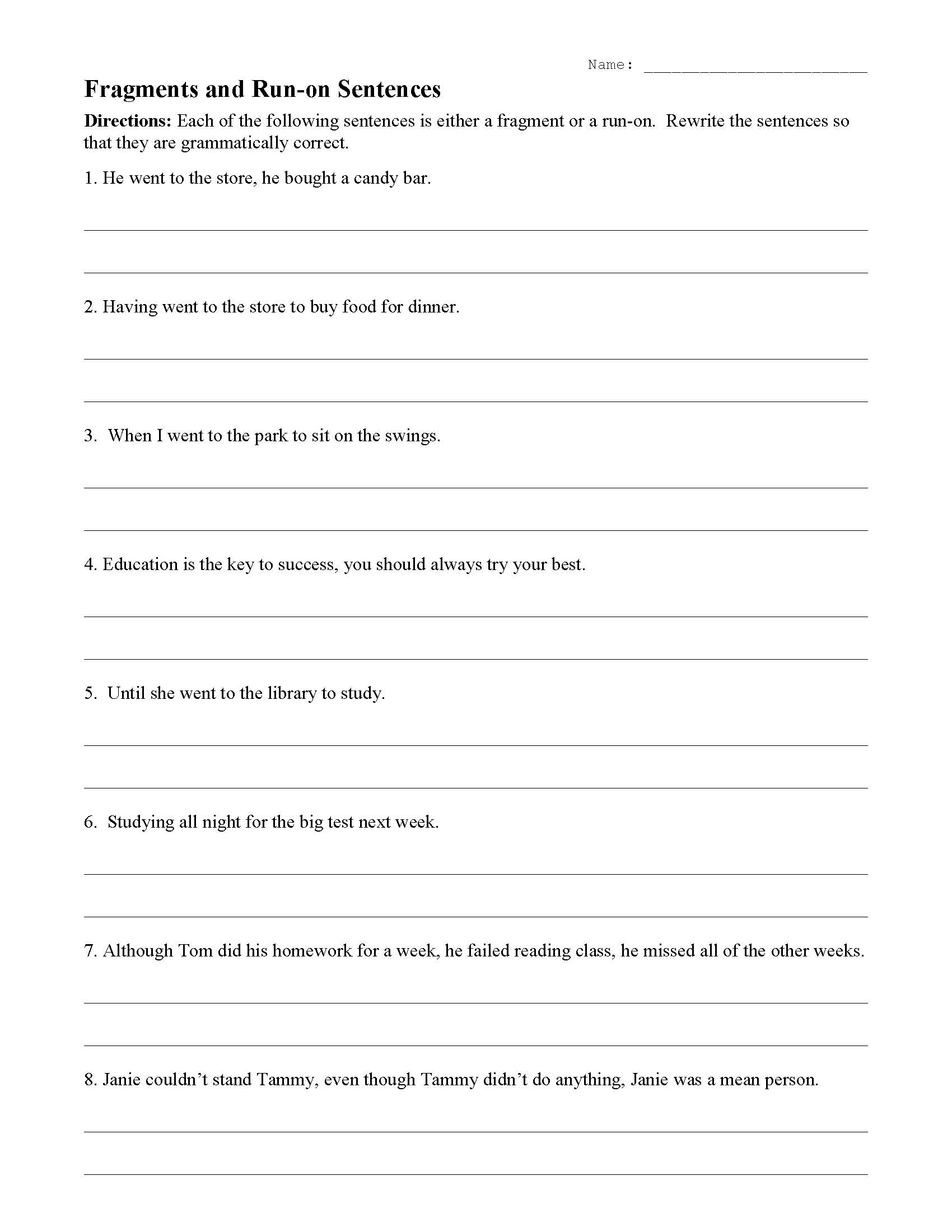 Fragments and Run-On Sentences Worksheet  Sentence Structure Activity Within Run On Sentence Worksheet