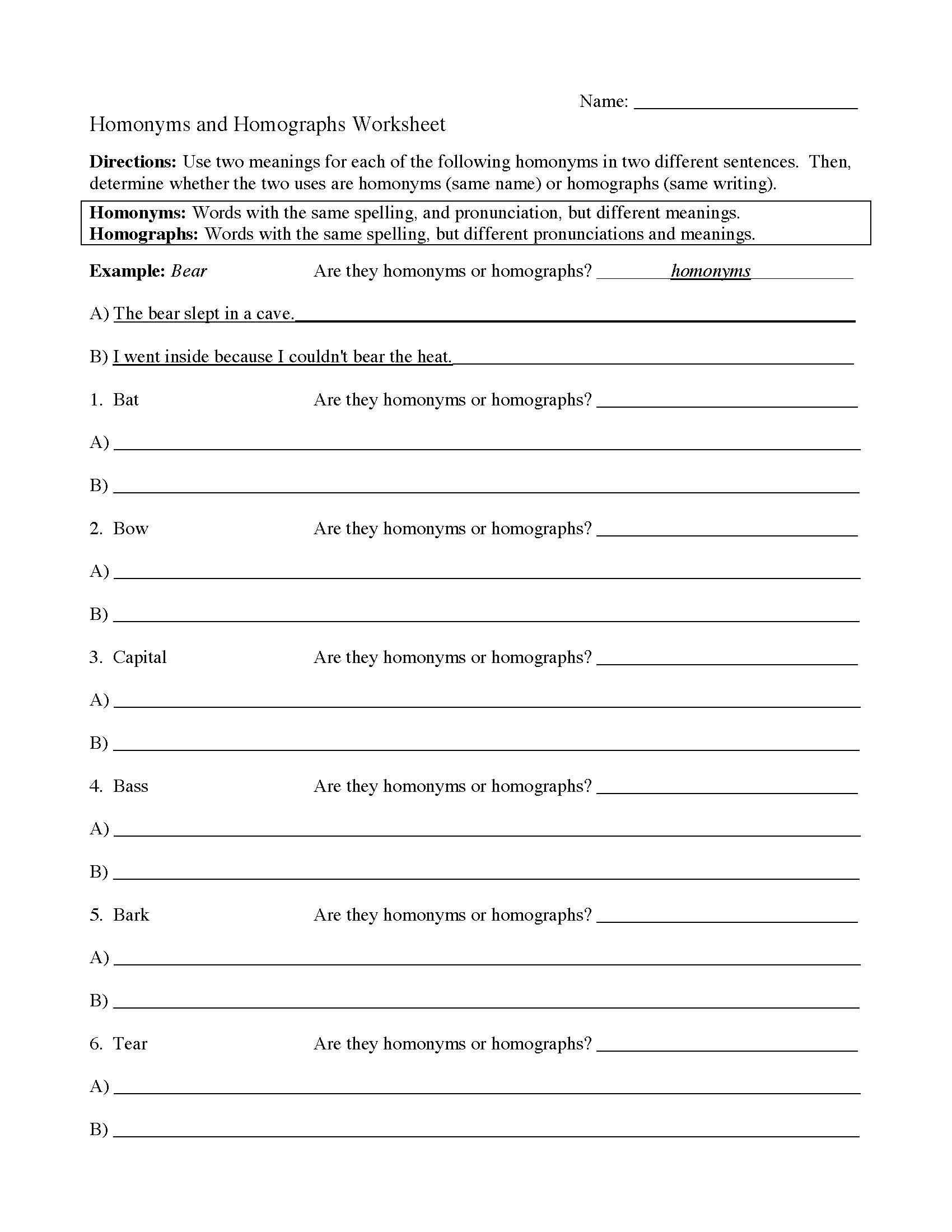 Homonyms Homographs And Homophones Worksheet Answers
