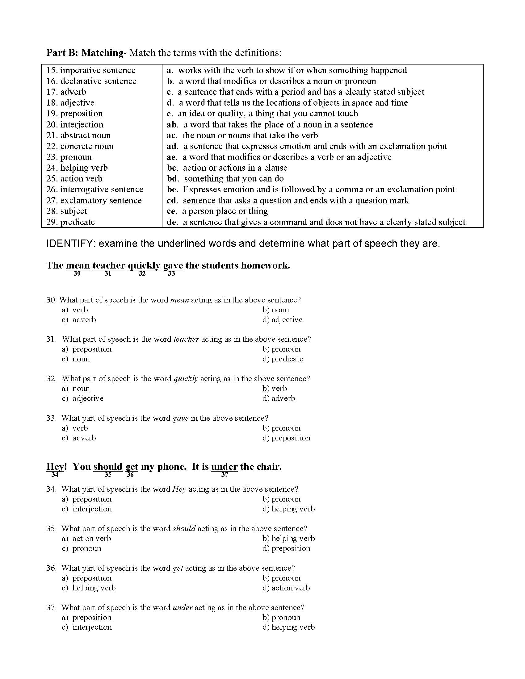 parts of speech and sentence type test preview