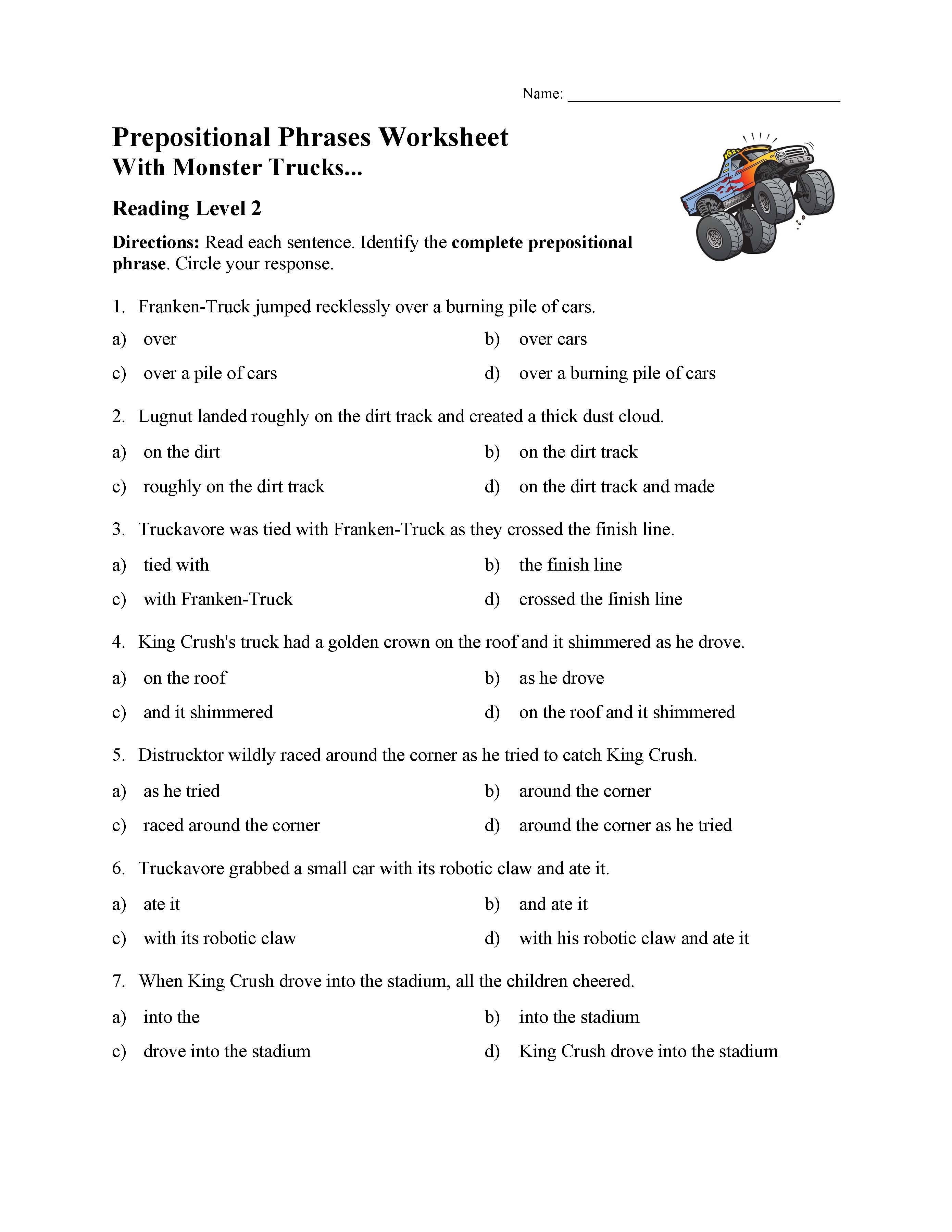 Prepositional Phrases Worksheets Grade 4