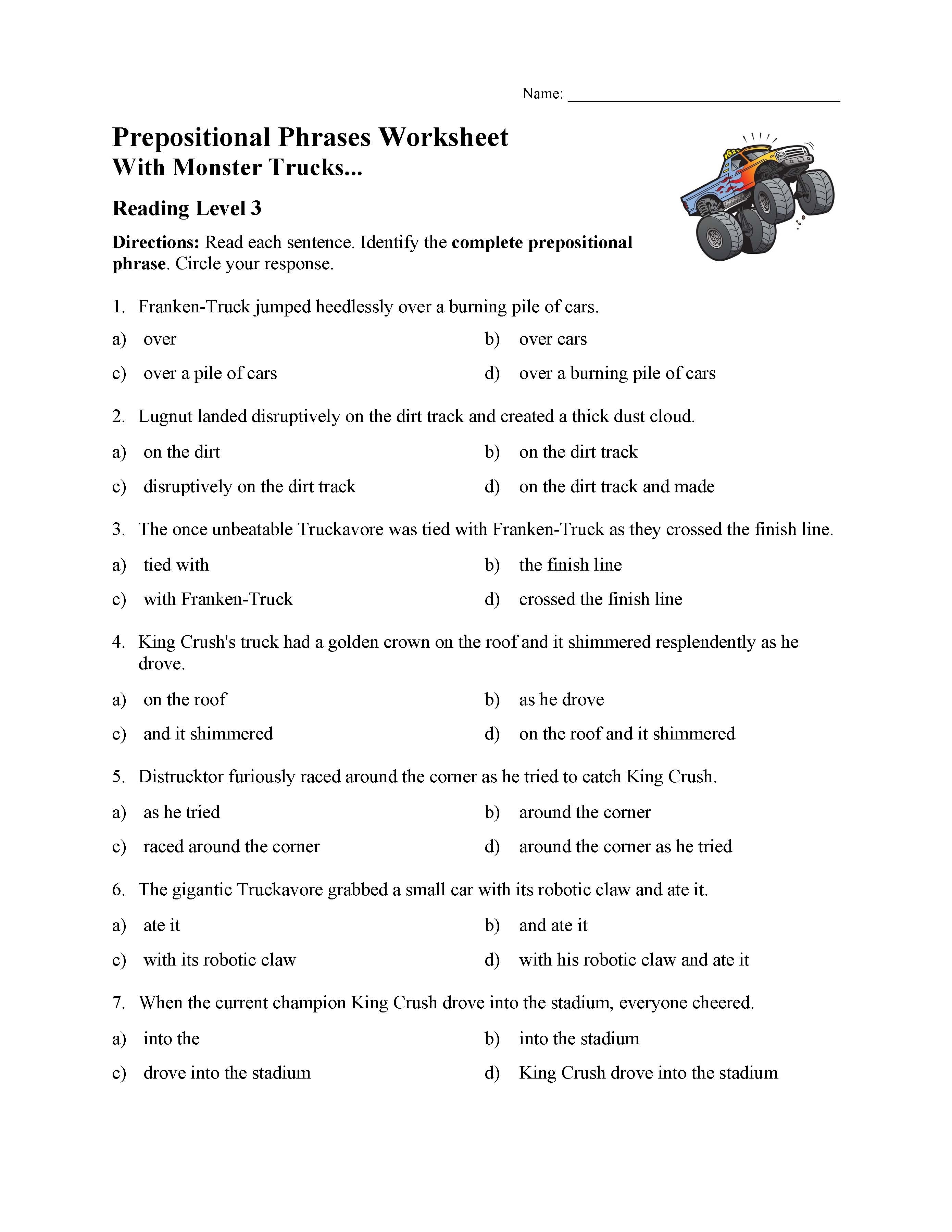 Prepositional Phrases Worksheet 1 Reading Level 3 Preview