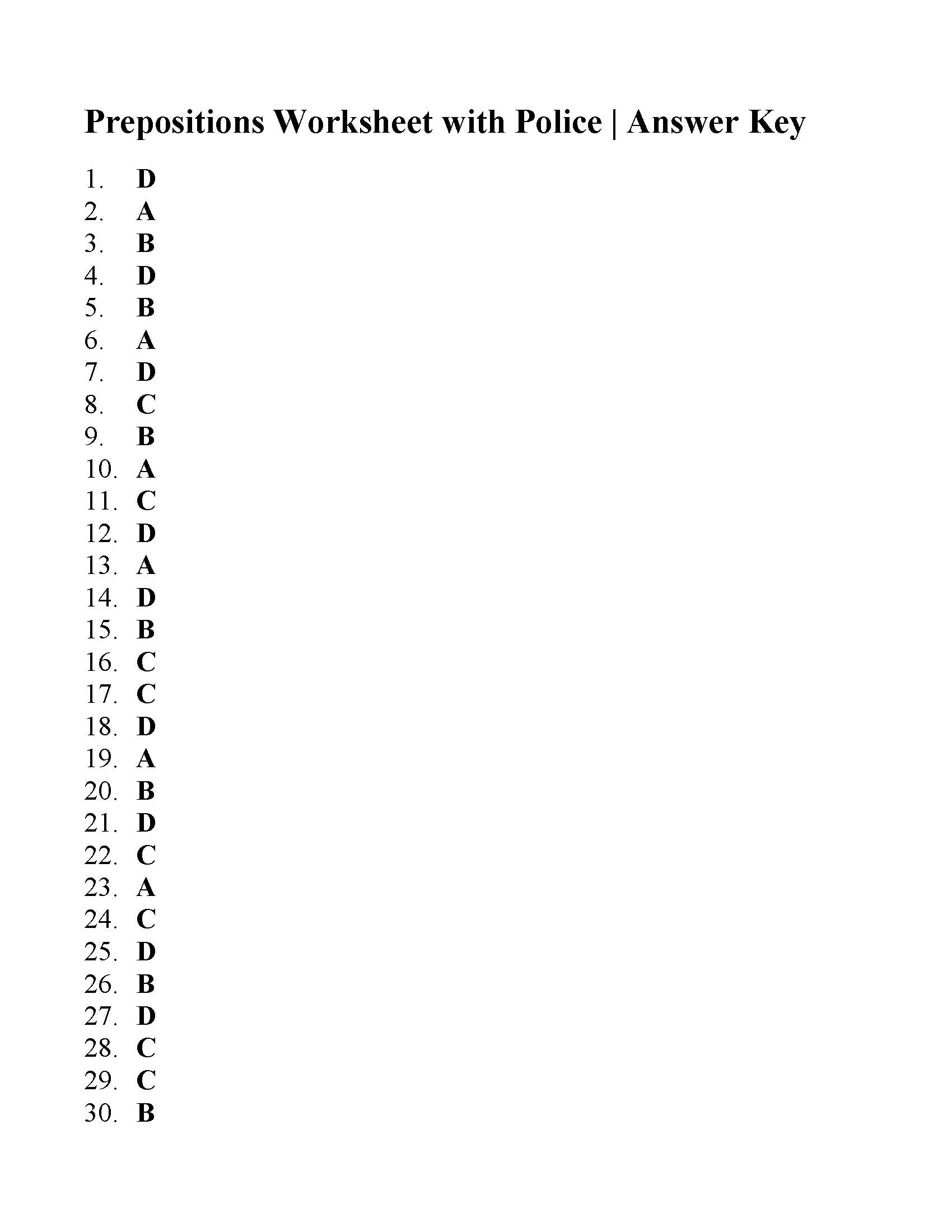 Preposition Worksheet 1 Answers