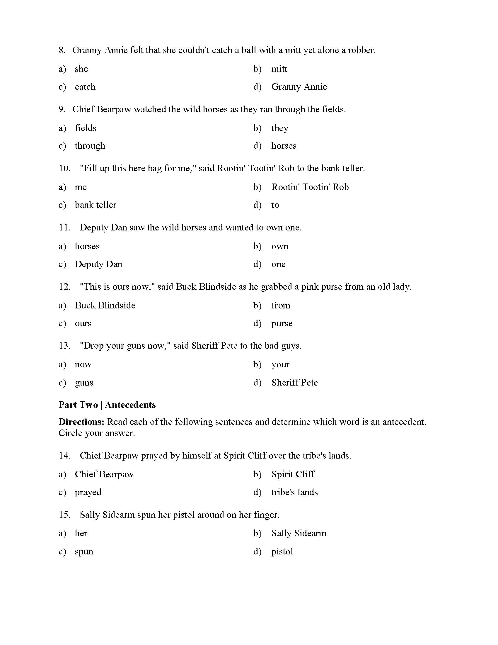 Pronoun and Antecedent Test - With Cowboys  Reading Level 21  Preview With Pronouns And Antecedents Worksheet