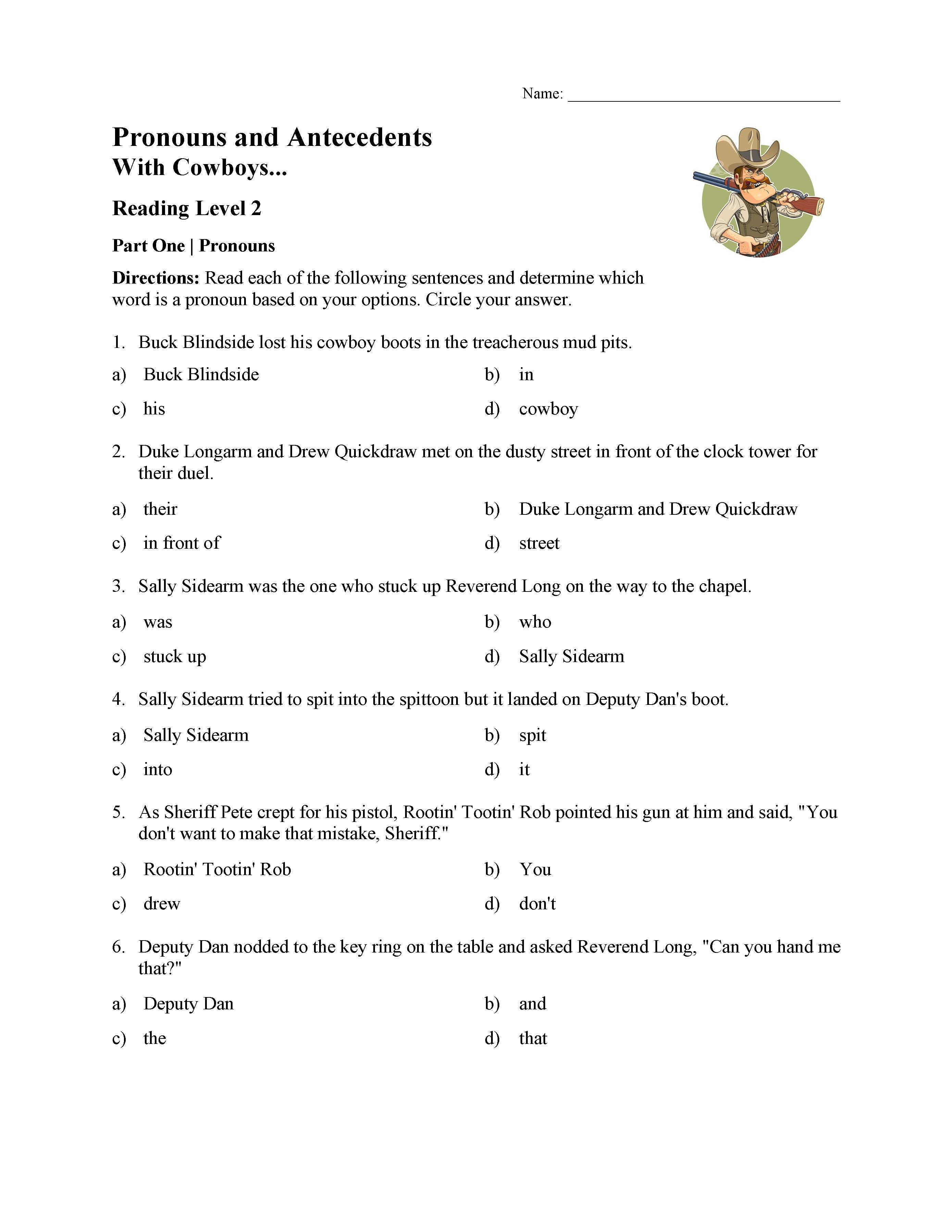 Pronoun And Antecedent Test With Cowboys Reading Level 2 Preview