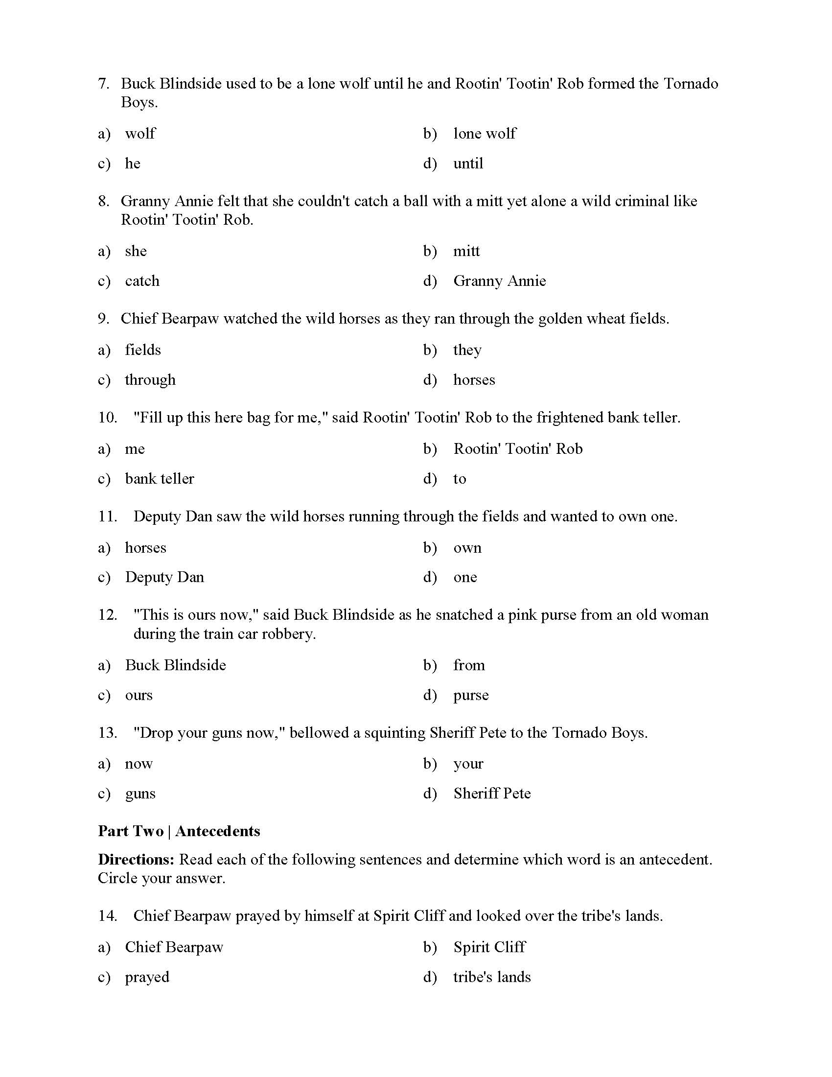 Pronoun and Antecedent Test - With Cowboys  Reading Level 21  Preview Throughout Pronouns And Antecedents Worksheet