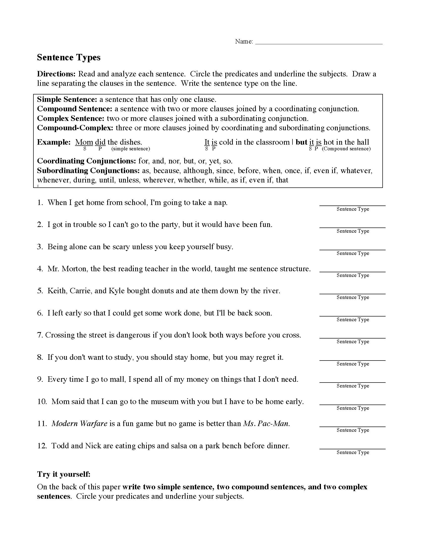 Identifying Sentence Types Worksheet 8th Grade