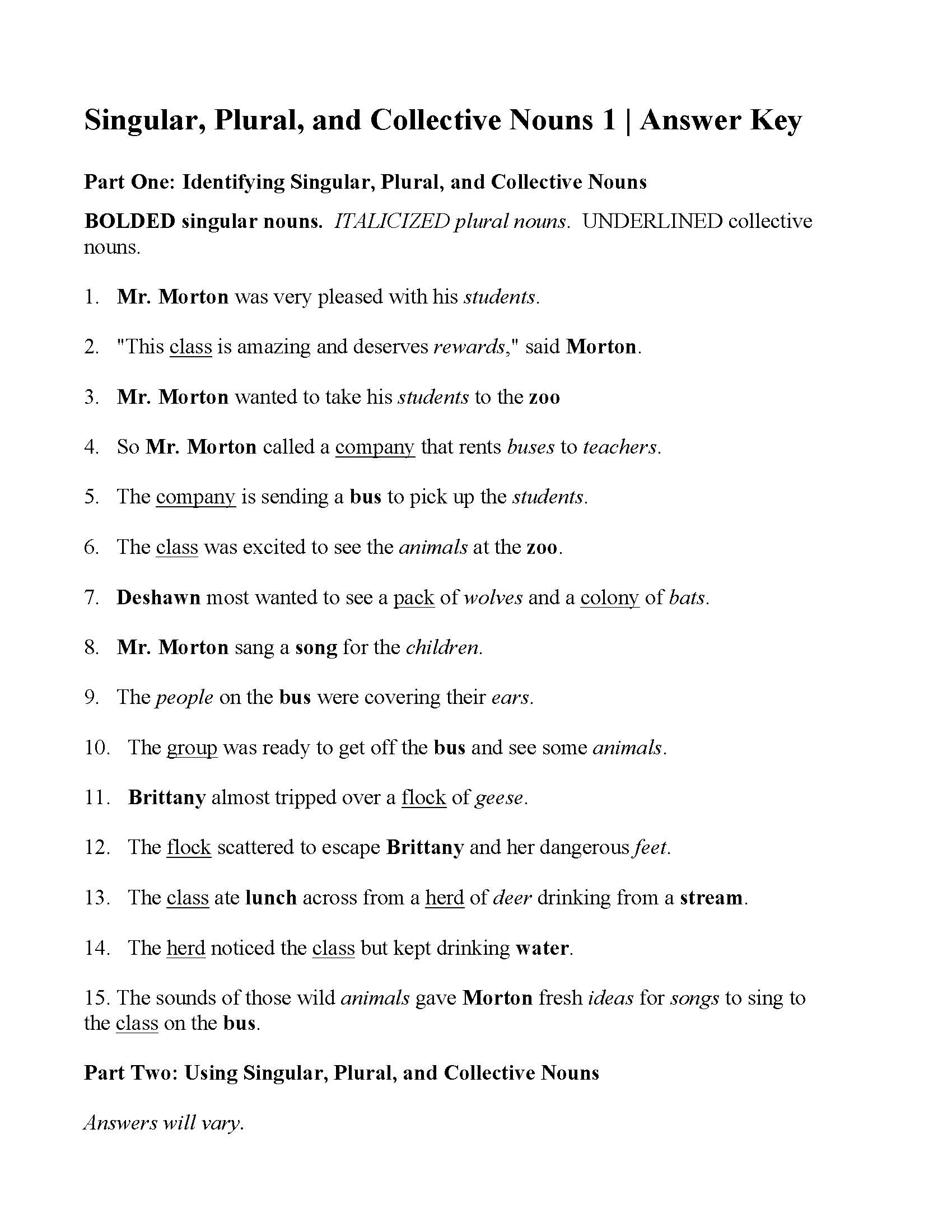 singular plural and collective nouns worksheet answers