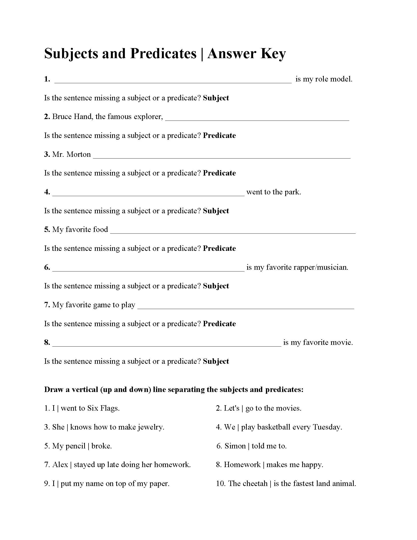 Subjects And Predicates Worksheet Answers