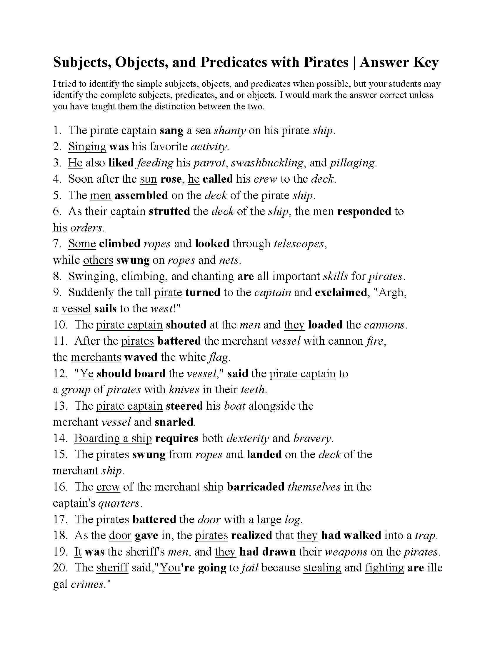 Subjects Objects And Predicates With Pirates Worksheet Answers