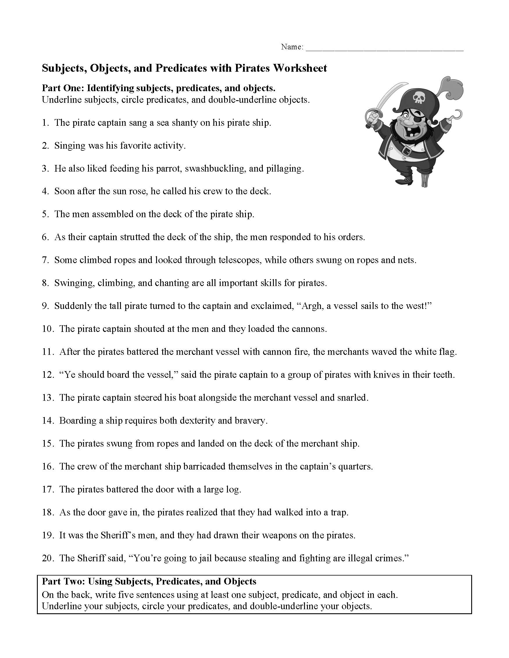 Subjects, Objects, and Predicates with Pirates Worksheet Throughout Subjects And Predicates Worksheet