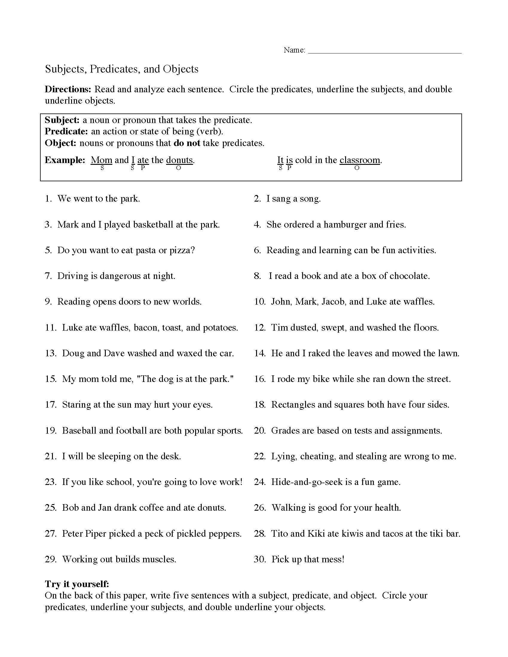 Subjects And Predicates Multiple Choice Worksheets