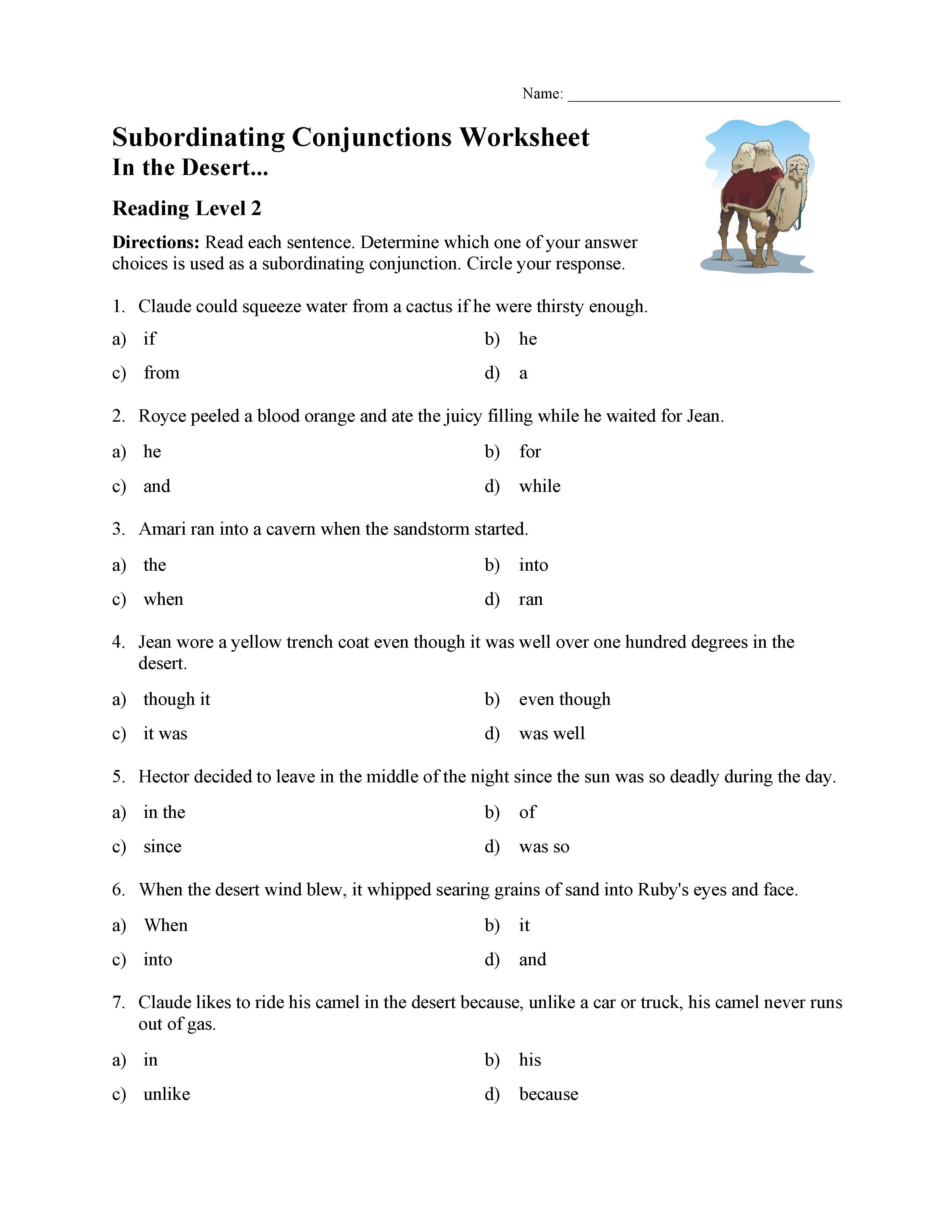Subordinating Conjunctions Worksheet Reading Level 2 Preview